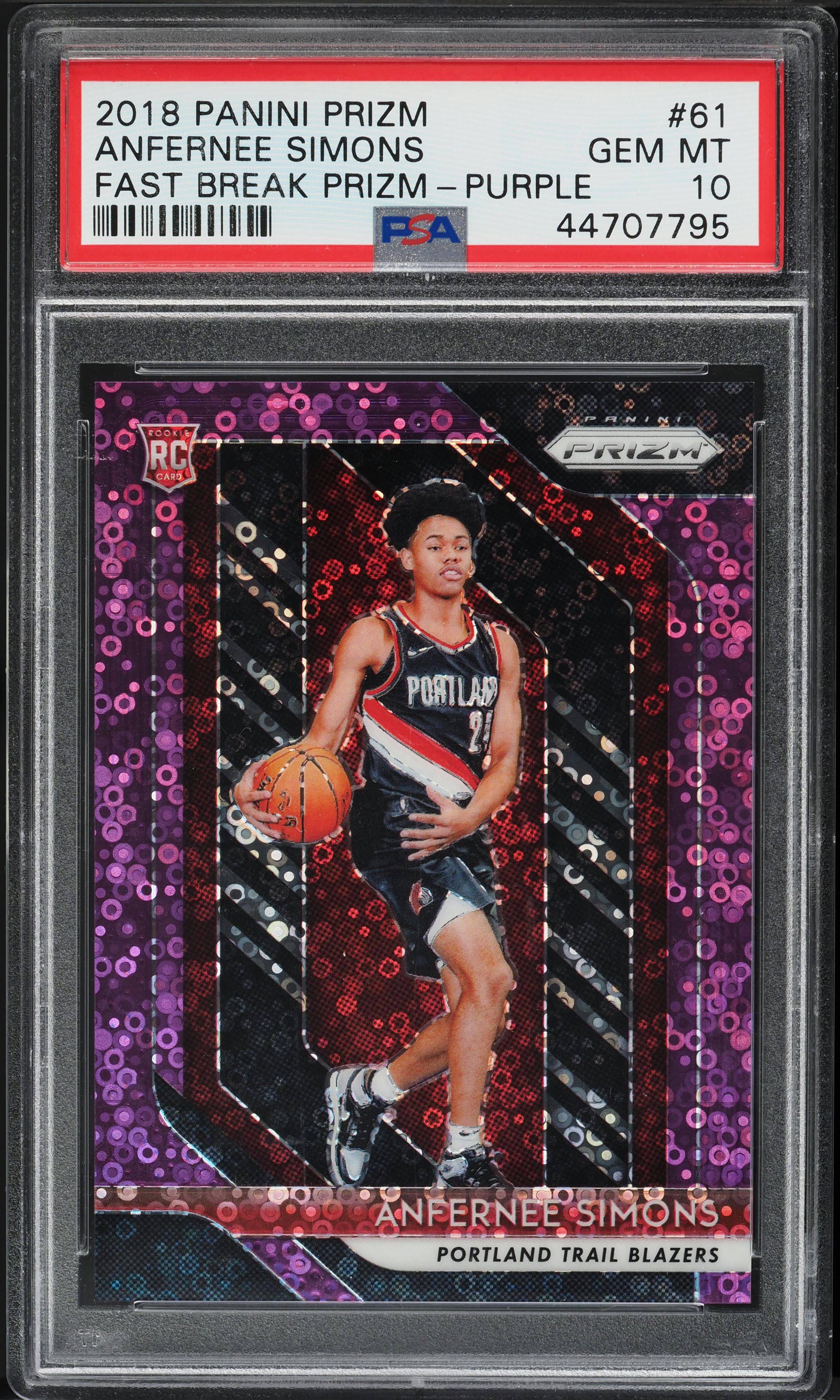 2018 Panini Prizm Fast Break Purple Anfernee Simons ROOKIE /75 #61 PSA 10 GEM