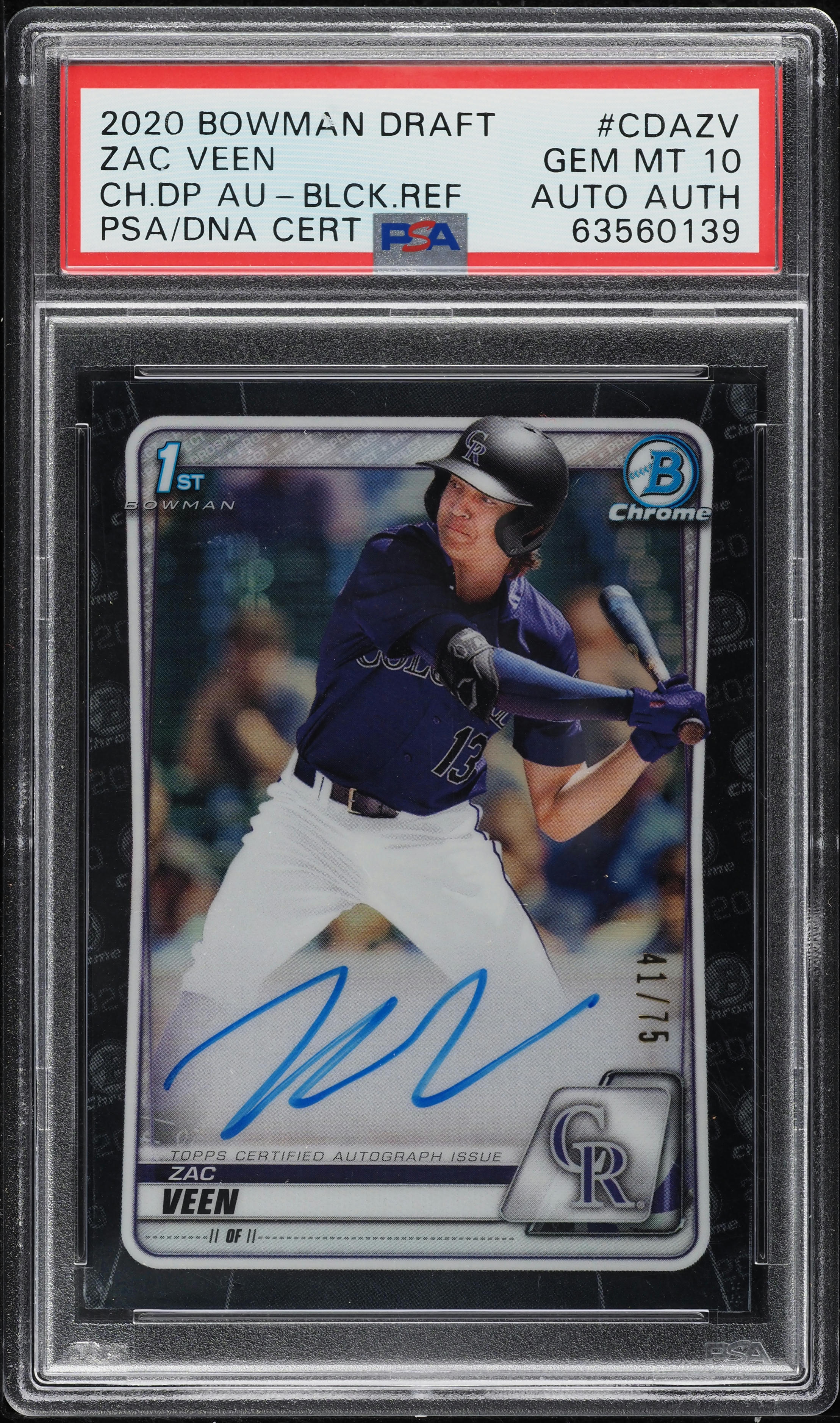 2020 Bowman Chrome Black Refractor Zac Veen ROOKIE AUTO /75 #CDA-ZV PSA 10 GEM