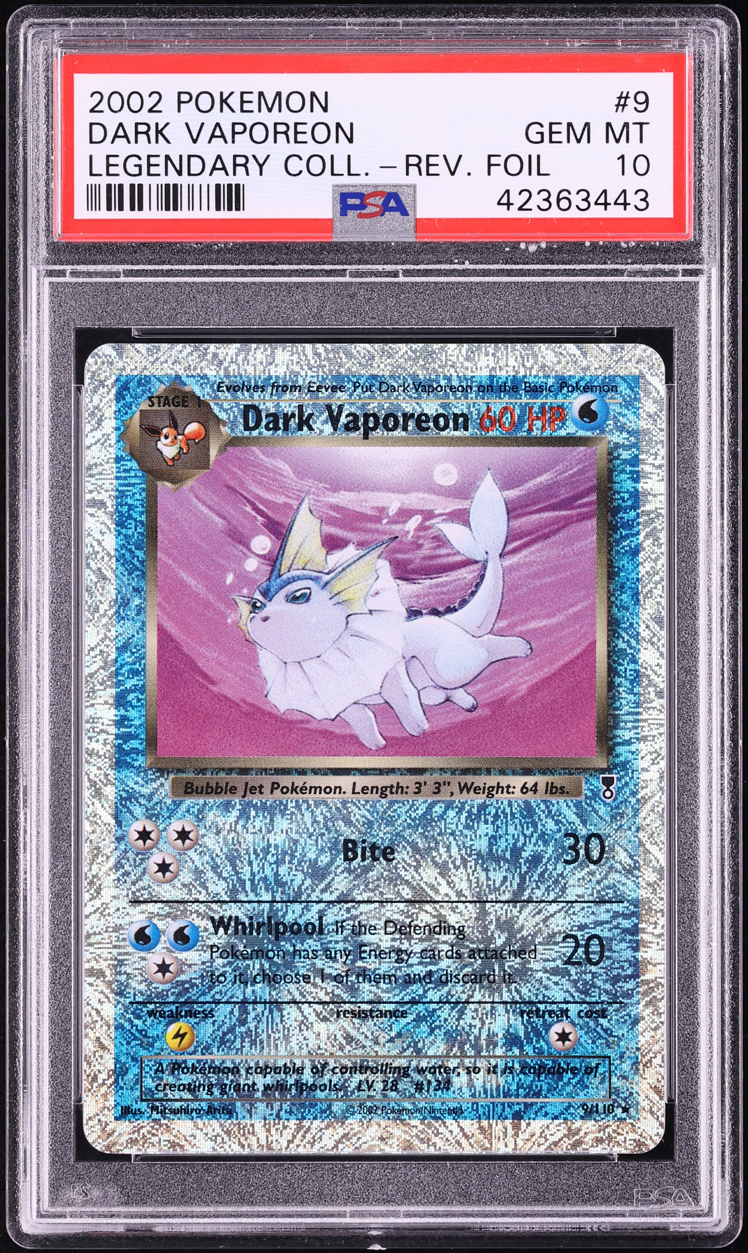 2002 Pokemon Legendary Collection Reverse Holo Dark Vaporeon #9 PSA 10 GEM MINT