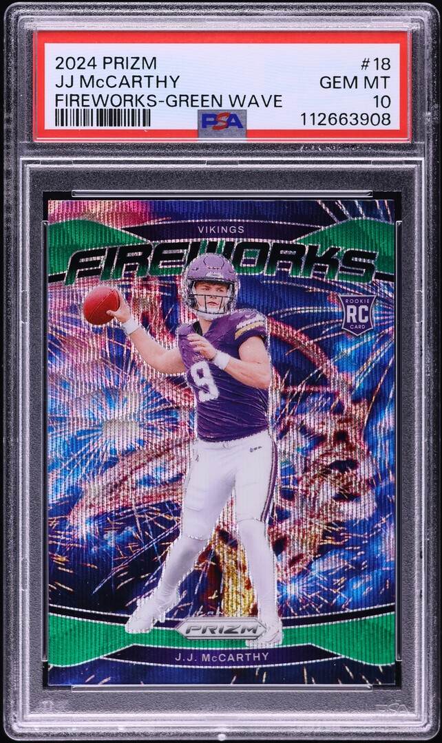 2024 Panini Prizm Fireworks Green Wave J.J. McCarthy ROOKIE #18 PSA 10 GEM MINT
