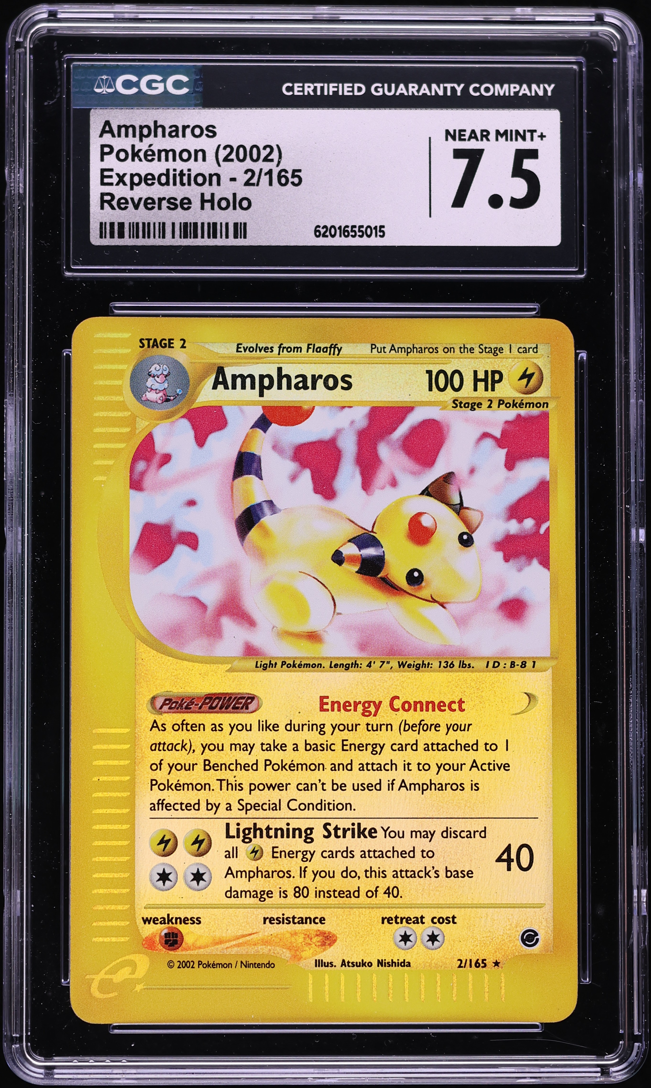 2002 Pokemon Expedition Reverse Holo Ampharos #2 CGC 7.5 NRMT+