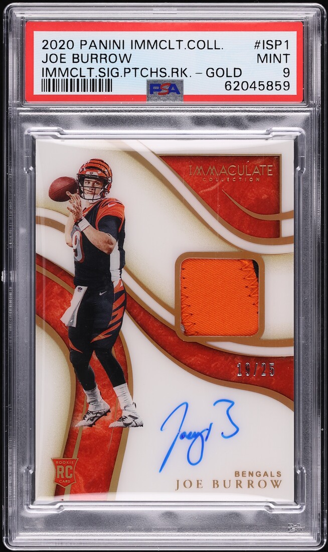 2020 Immaculate Collection Gold Joe Burrow ROOKIE PATCH AUTO /25 #ISP1 PSA 9