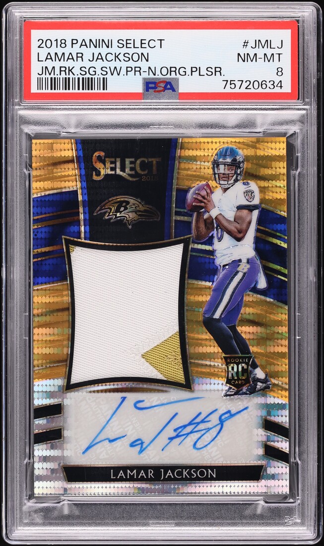 2018 Select Neon Orange Pulsar Lamar Jackson ROOKIE PATCH AUTO /23 #JMLJ PSA 8