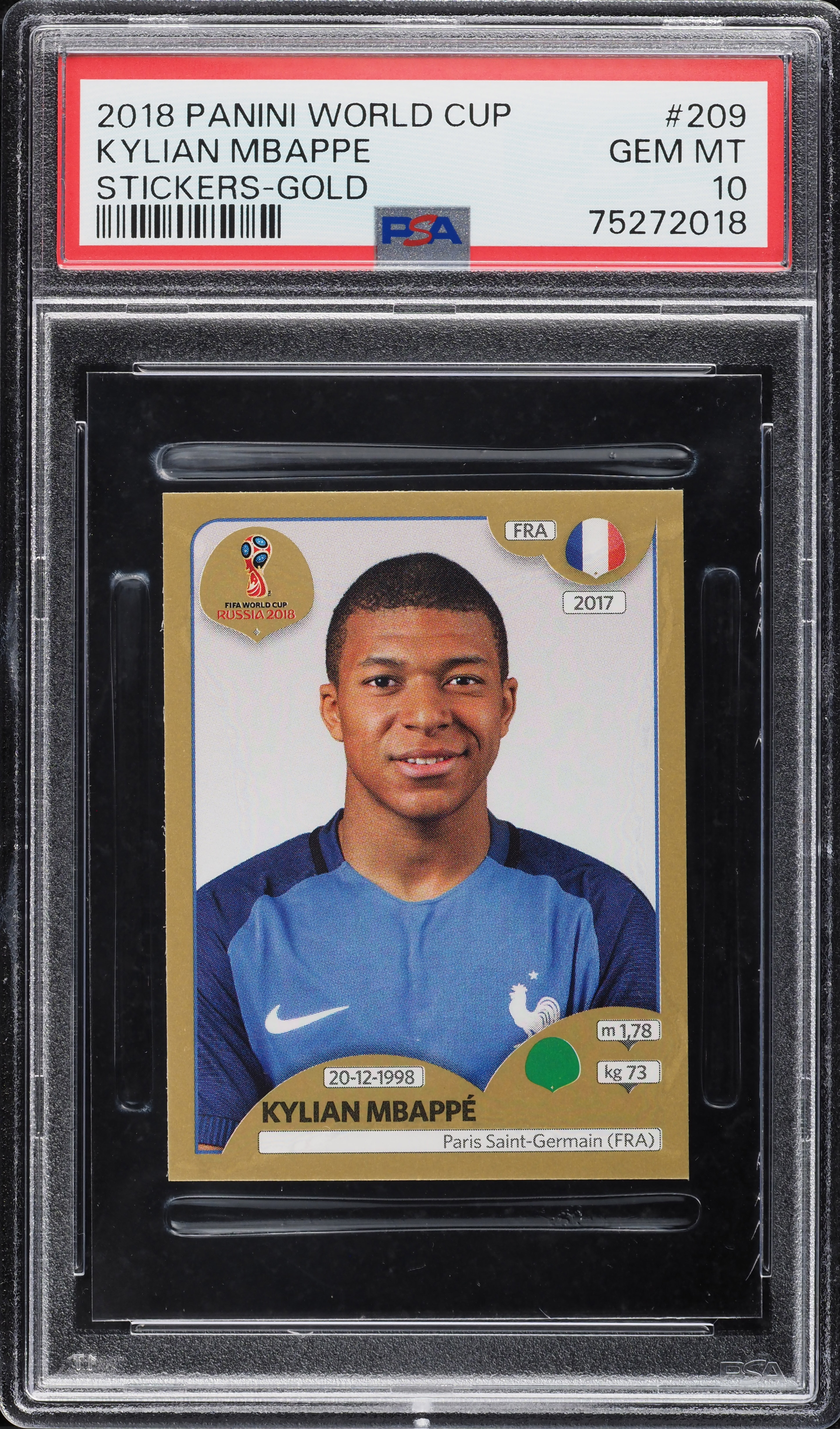 2018 Panini World Cup Stickers Gold Kylian Mbappe ROOKIE #209 PSA