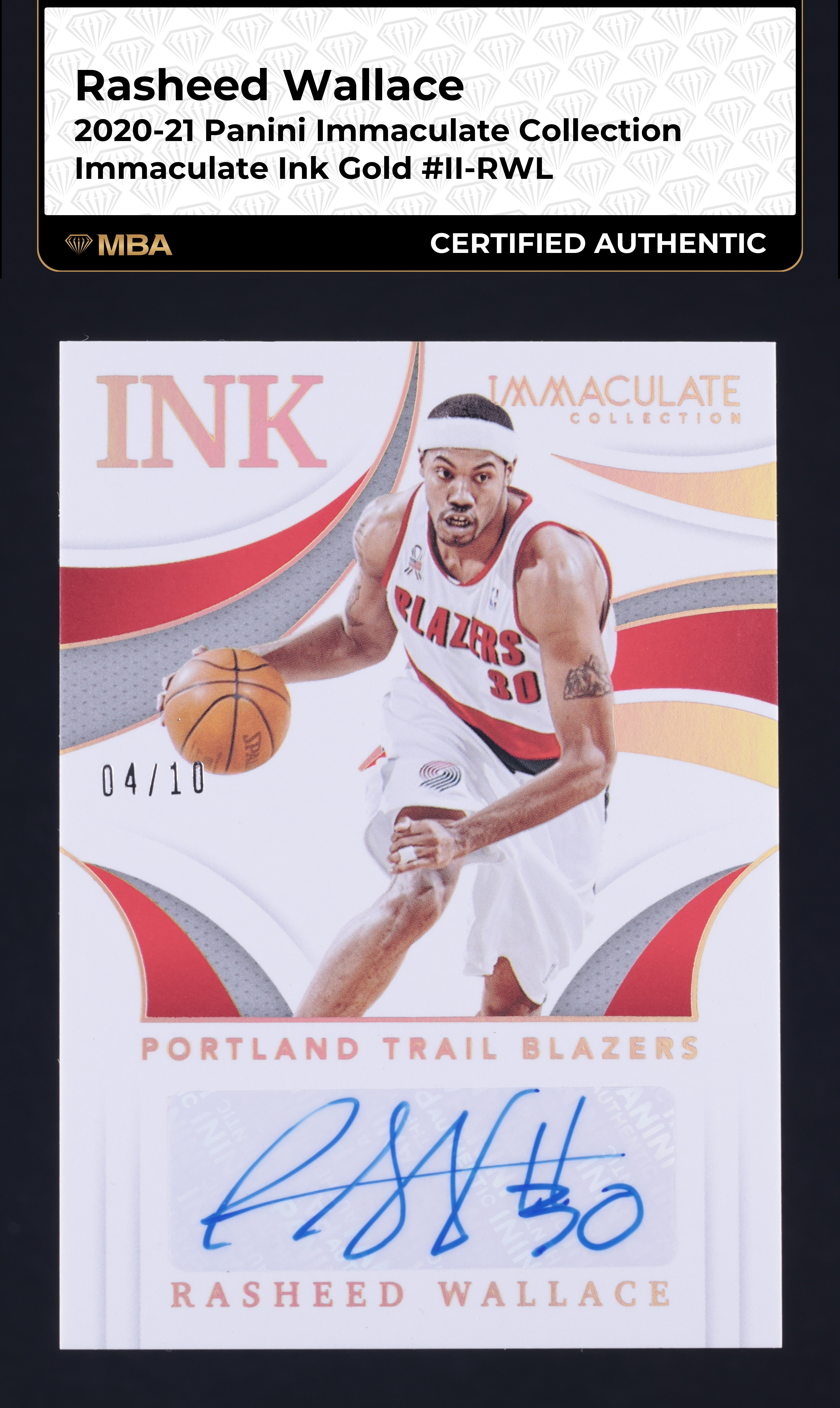 2020 Immaculate Collection Ink Gold Rasheed Wallace AUTO /10 #II-RWL MBA AUTH