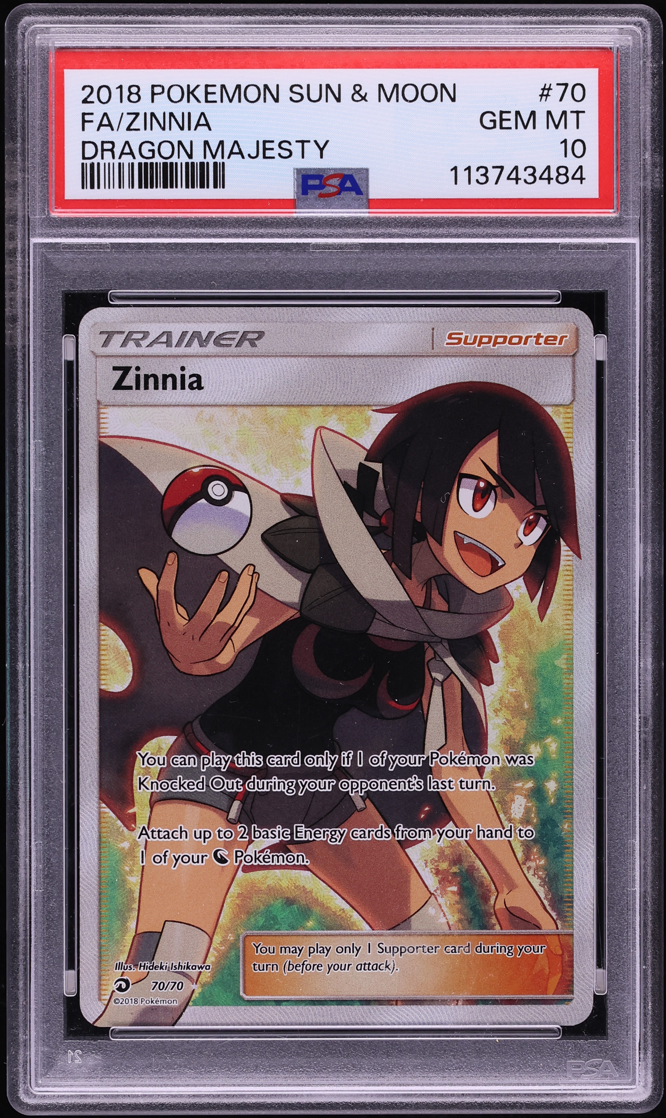 2018 Pokemon Sun & Moon Dragon Majesty Full Art Zinnia #70 PSA 10 GEM MINT