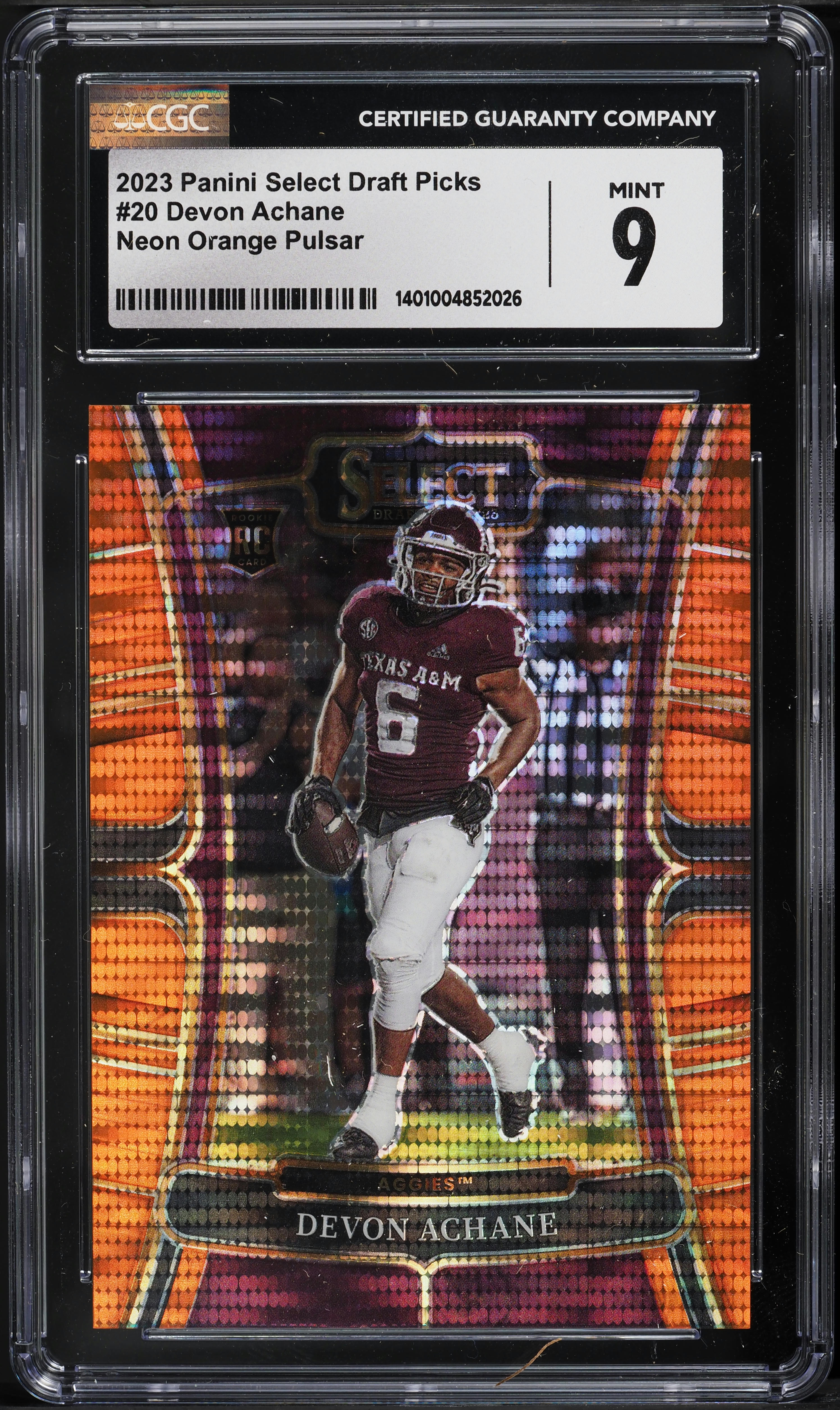 2023 Select Draft Picks Neon Orange Pulsar Devon Achane ROOKIE 6/26 #20 CGC 9