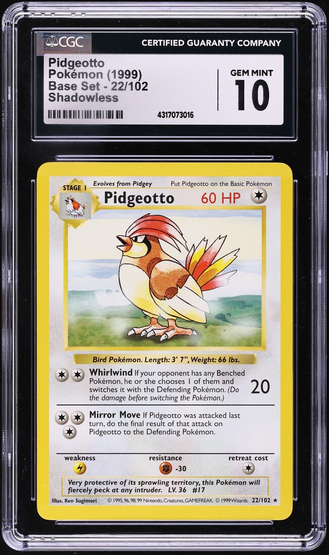 1999 Pokemon Base Set Shadowless Pidgeotto #22 CGC 10 GEM MINT