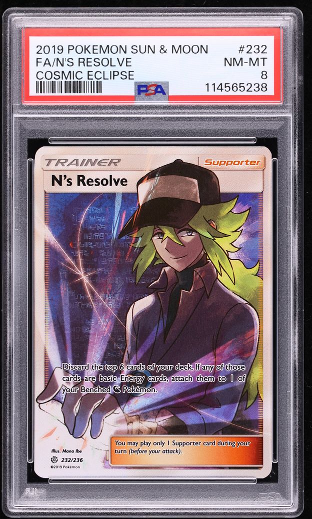 2019 Pokemon Sun & Moon Cosmic Eclipse Full Art N'S Resolve #232 PSA 8 NM-MT
