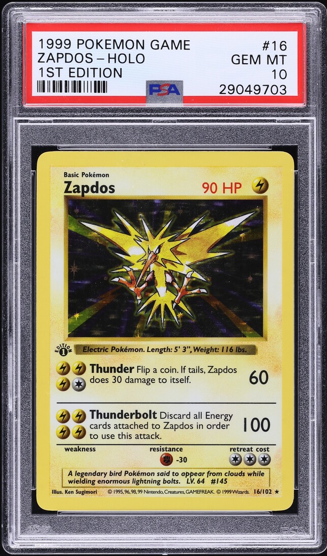 1999 Pokemon Base Set Shadowless 1st Edition Holo Zapdos #16 PSA 10 GEM MINT