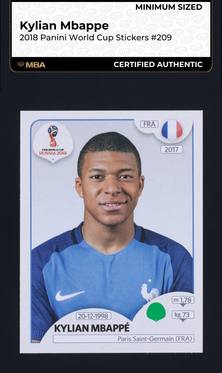 2018 Panini World Cup Stickers Kylian Mbappe ROOKIE #209 MBA AUTH, Min Sized