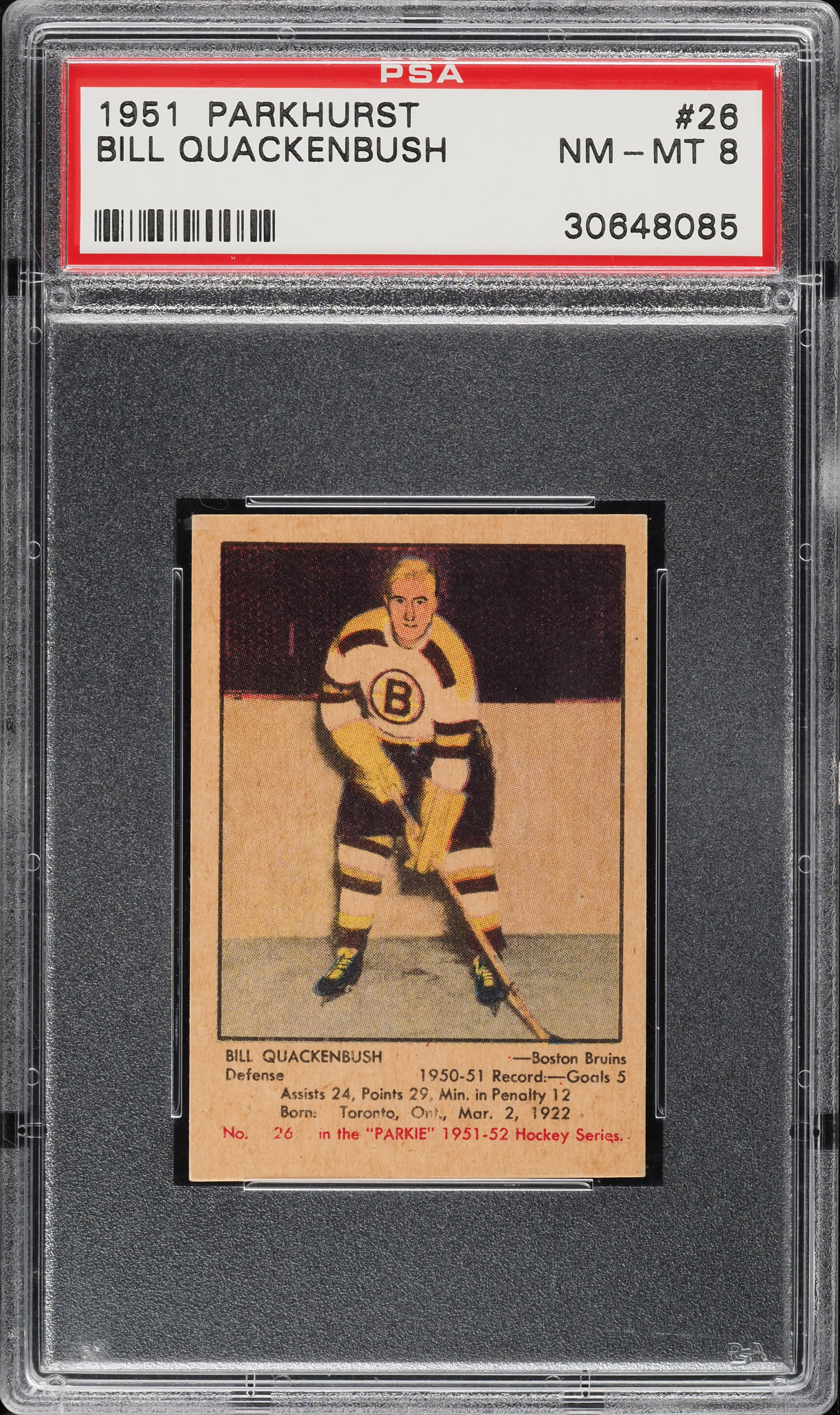 1951 Parkhurst Bill Quackenbush ROOKIE #26 PSA 8 NM-MT