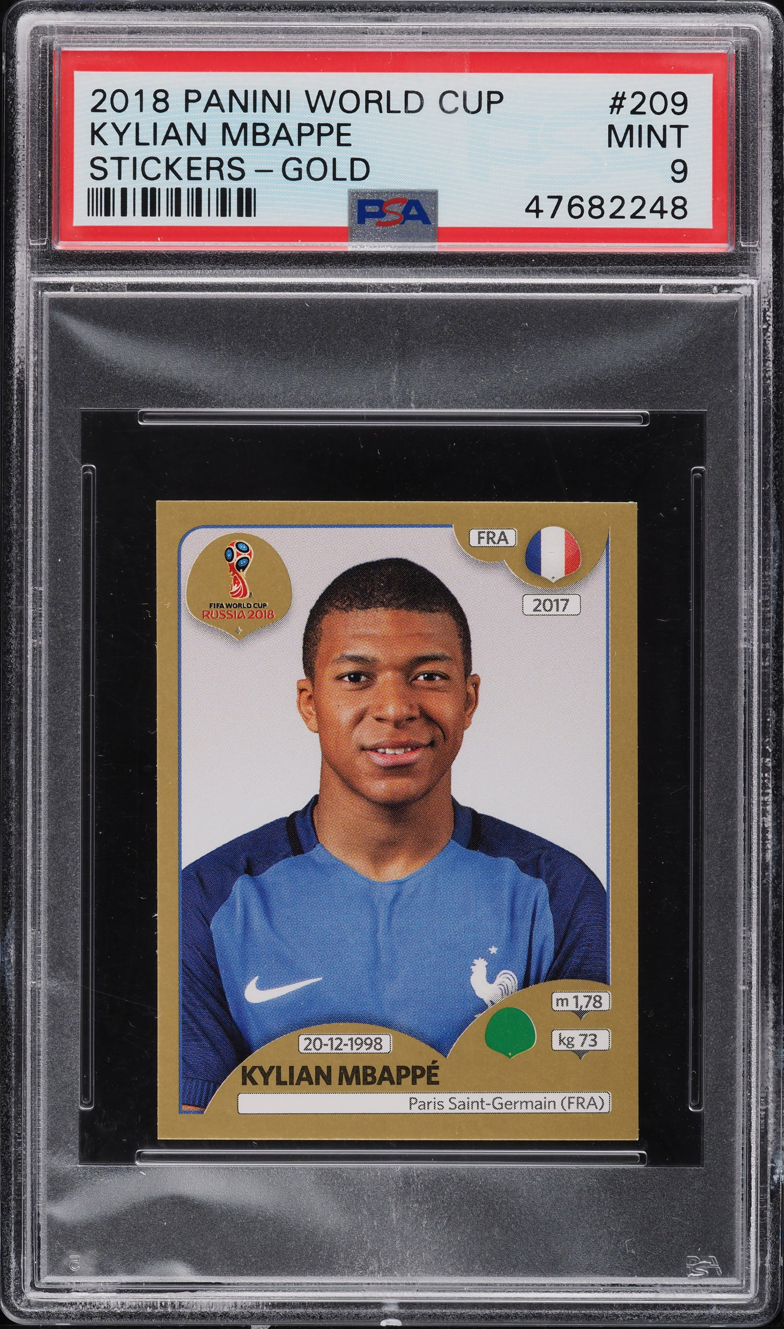2018 Panini World Cup Stickers Gold Kylian Mbappe ROOKIE #209 PSA 9 MINT