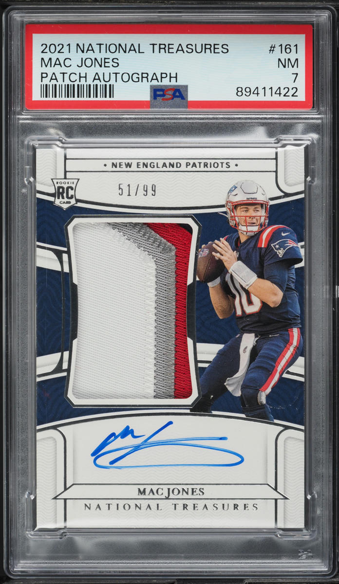2021 National Treasures Mac Jones ROOKIE PATCH AUTO /99 #161 PSA 7 NRMT