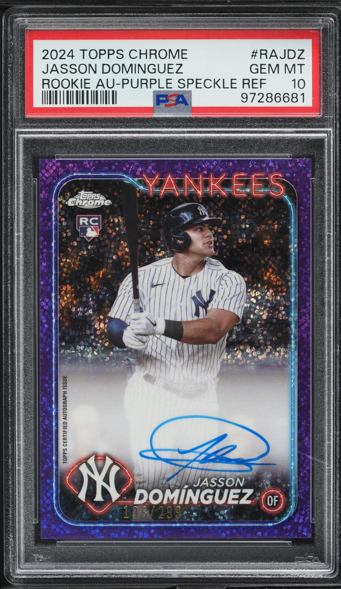 2024 Topps Chrome Purple Speckle Jasson Dominguez RC AUTO /299 #RAJDZ PSA 10 GEM