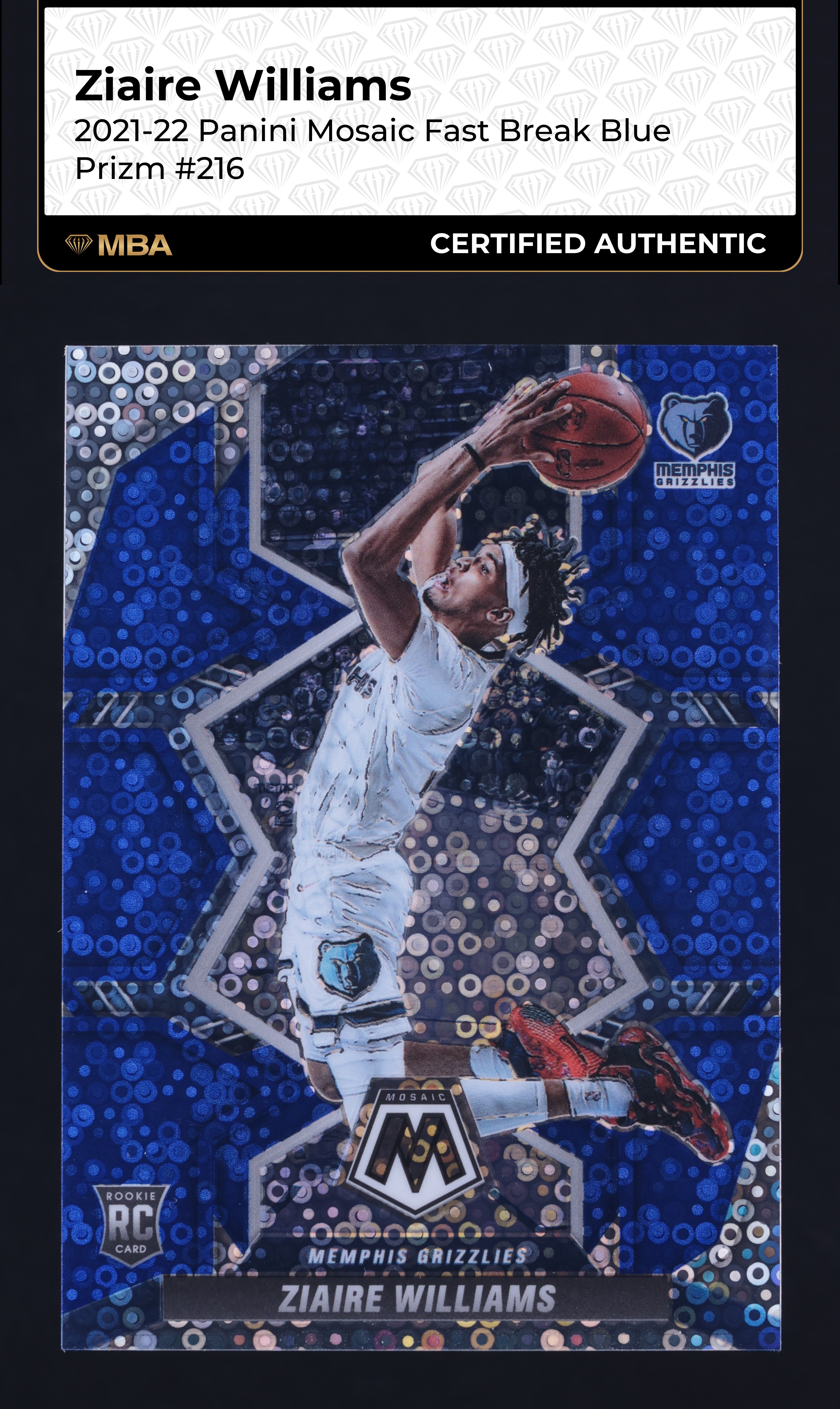 2021 Panini Mosaic Fast Break Blue Ziaire Williams ROOKIE /85 #216 MBA AUTH