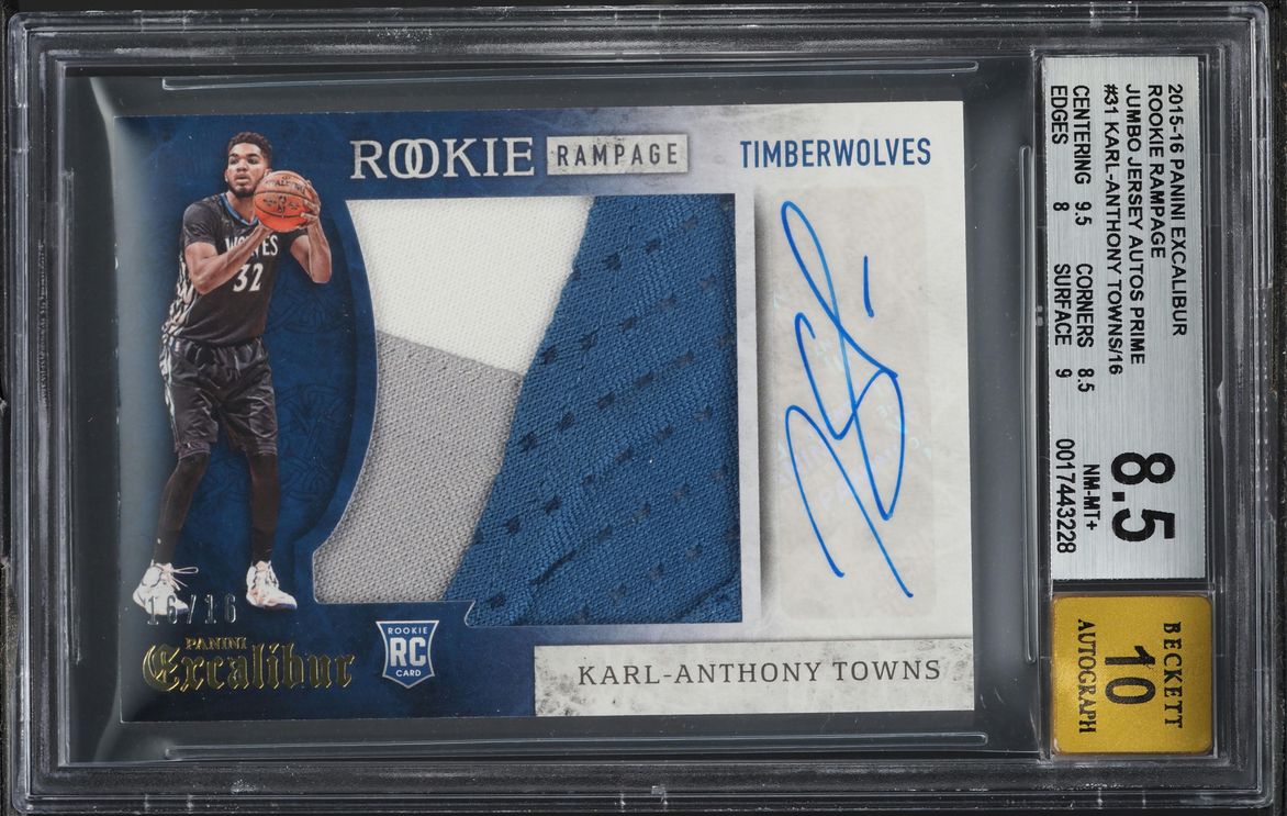 2015 Panini Excalibur Rampage Karl-Anthony Towns ROOKIE PATCH AUTO 16/16 BGS 8.5