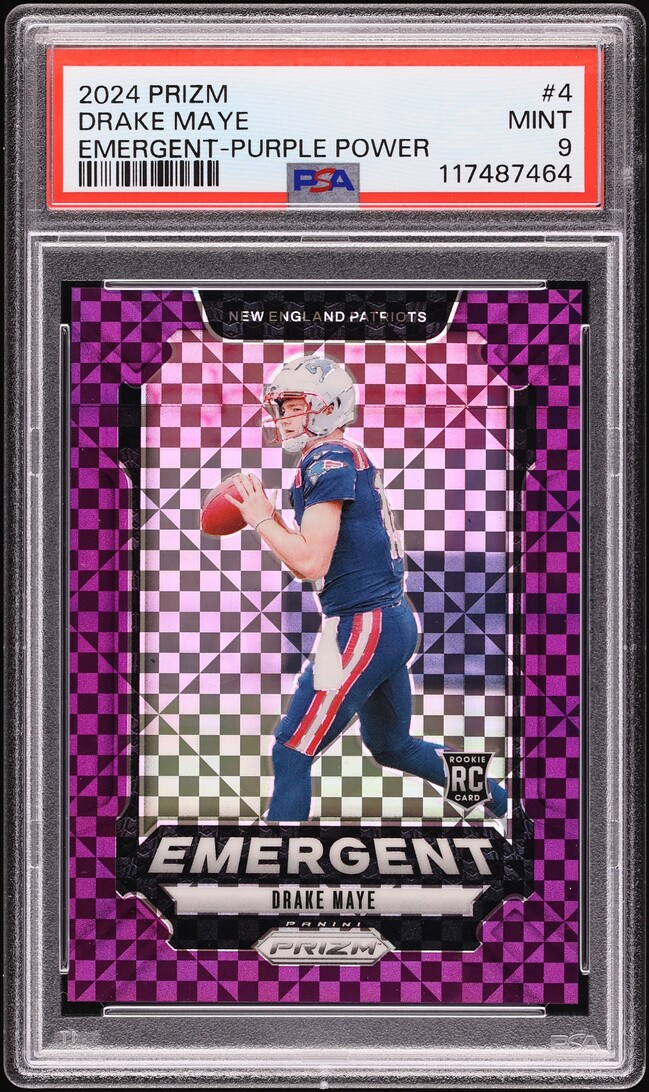 2024 Panini Prizm Emergent Purple Power Drake Maye ROOKIE /49 #4 PSA 9 MINT