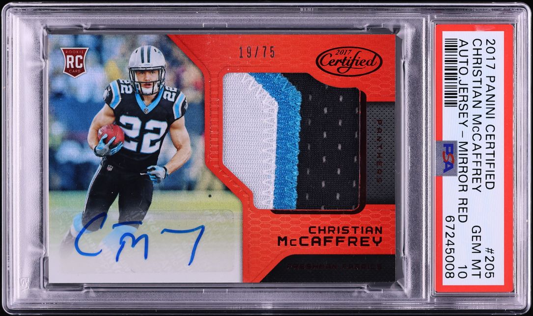 2017 Panini Certified Mirror Red Christian McCaffrey RC PATCH AUTO /75 PSA 10
