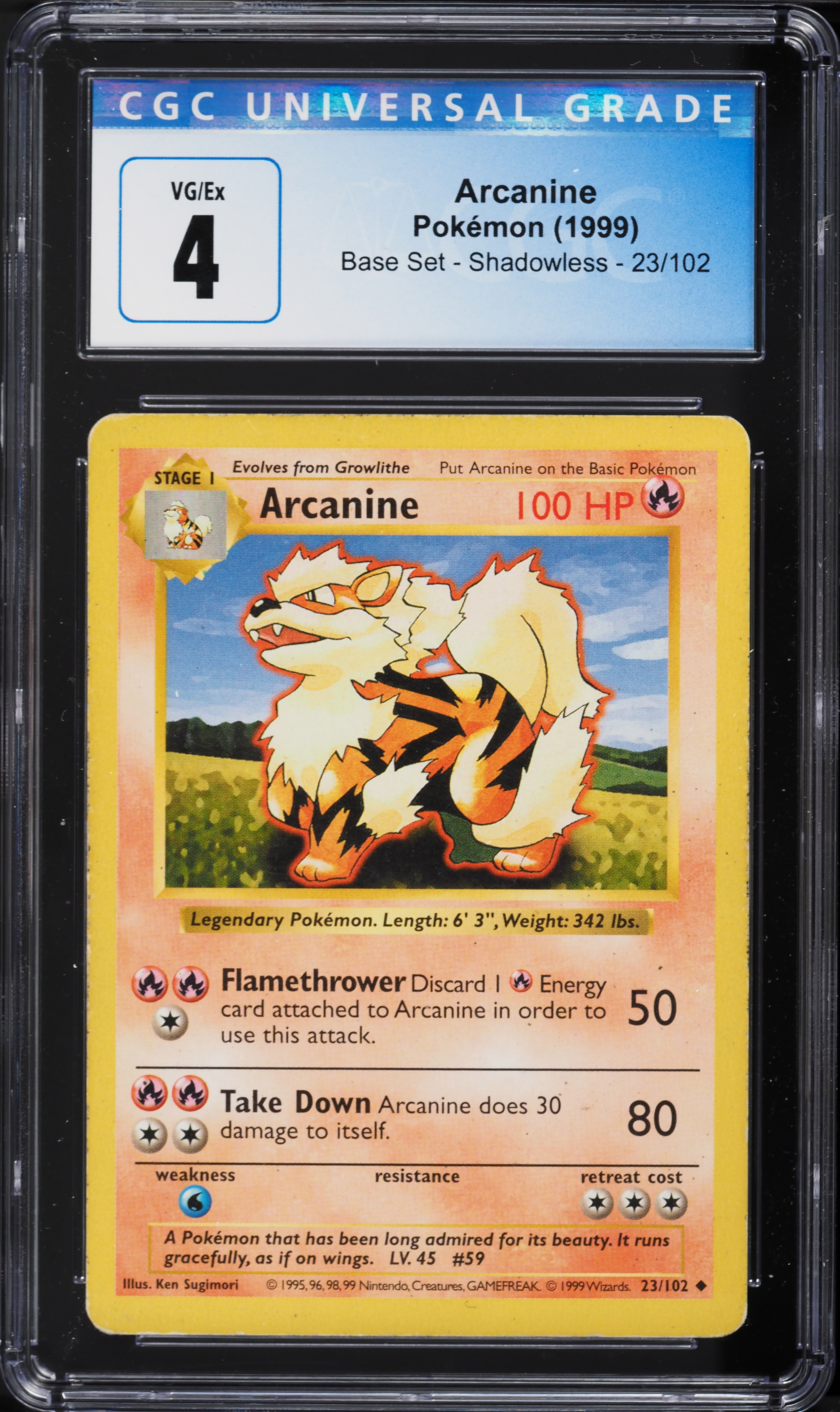 1999 Pokemon Base Set Shadowless Arcanine #23 CGC 4 VGEX