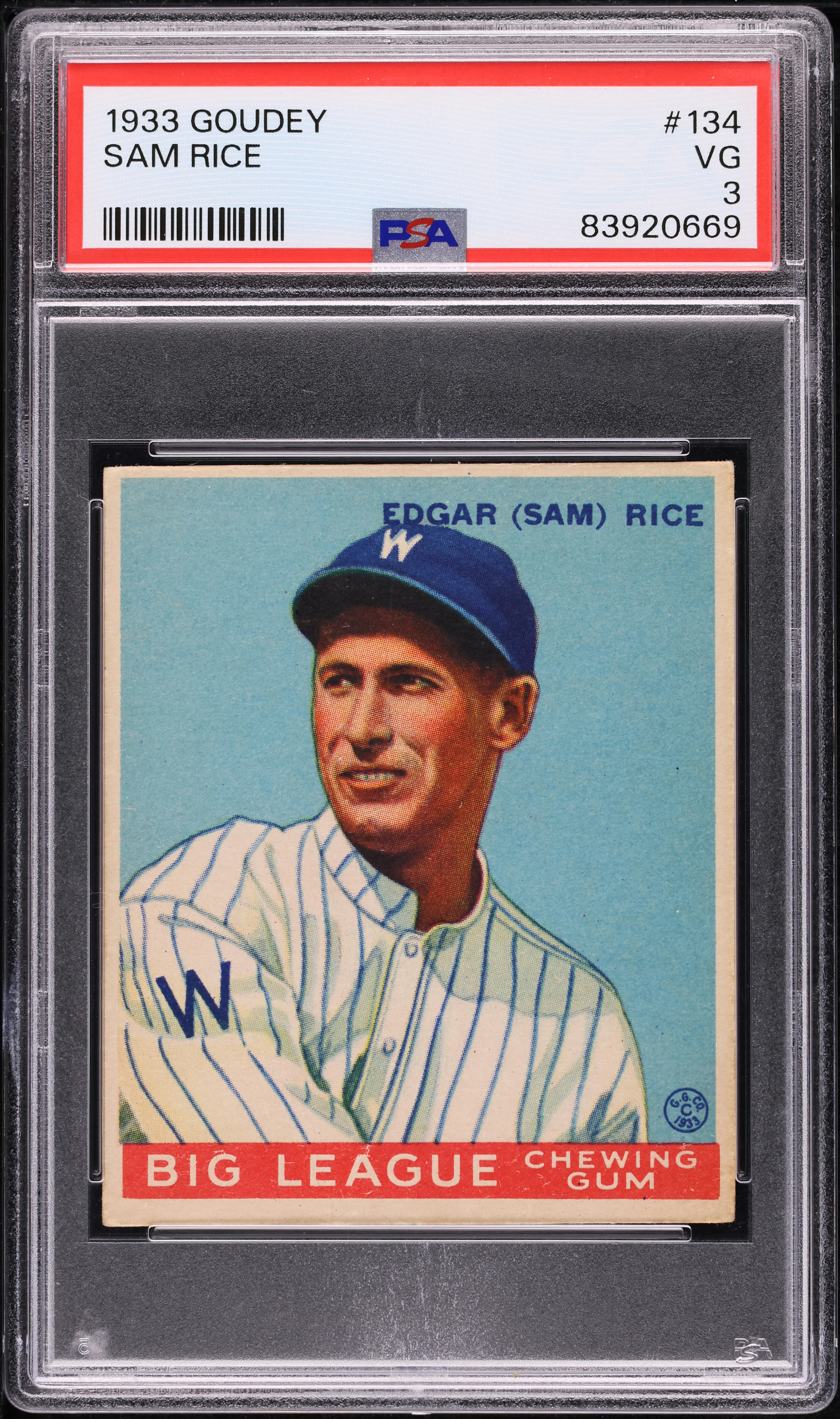 1933 Goudey Sam Rice #134 PSA 3 VG