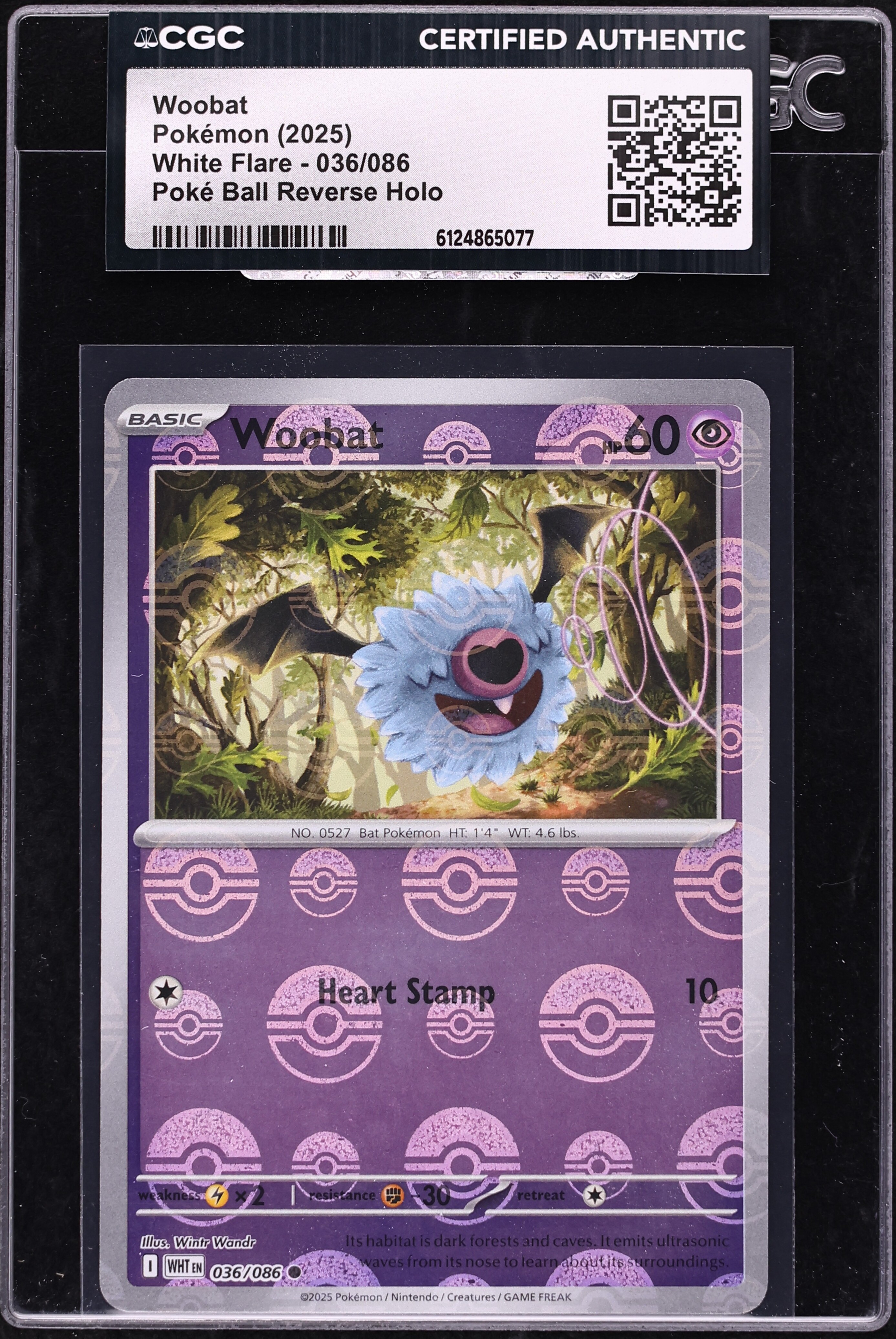 2025 Pokemon Scarlet & Violet White Flare Poké Ball Reverse Holo Woobat #036 CGC AUTH
