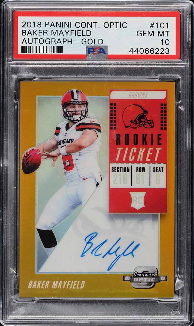 2018 Contenders Optic Gold Ticket Baker Mayfield ROOKIE AUTO /10 #101 PSA 10 GEM