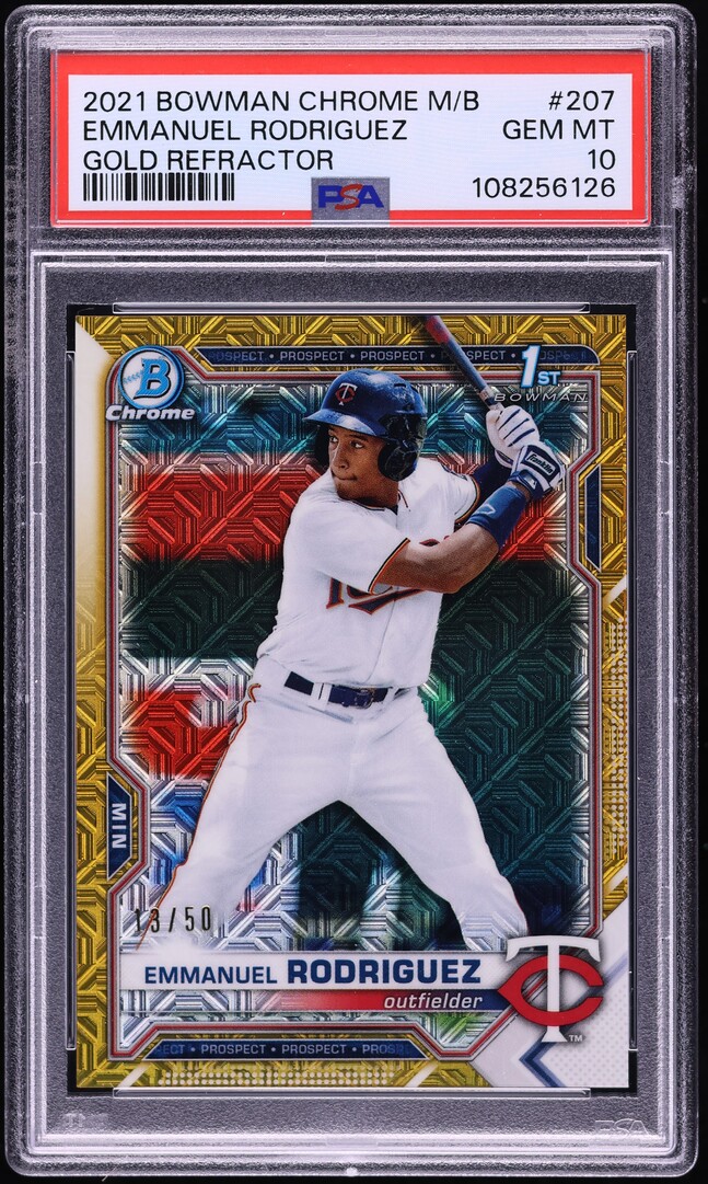 2021 Bowman Chrome Mega Box Gold Refractor Emmanuel Rodriguez RC /50 #207 PSA 10
