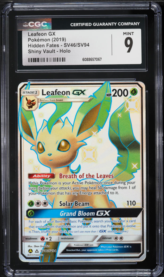 2019 Pokemon Sun & Moon Hidden Fates Shiny Vault Full Art Shiny Leafeon GX #SV46 CGC 9 MINT