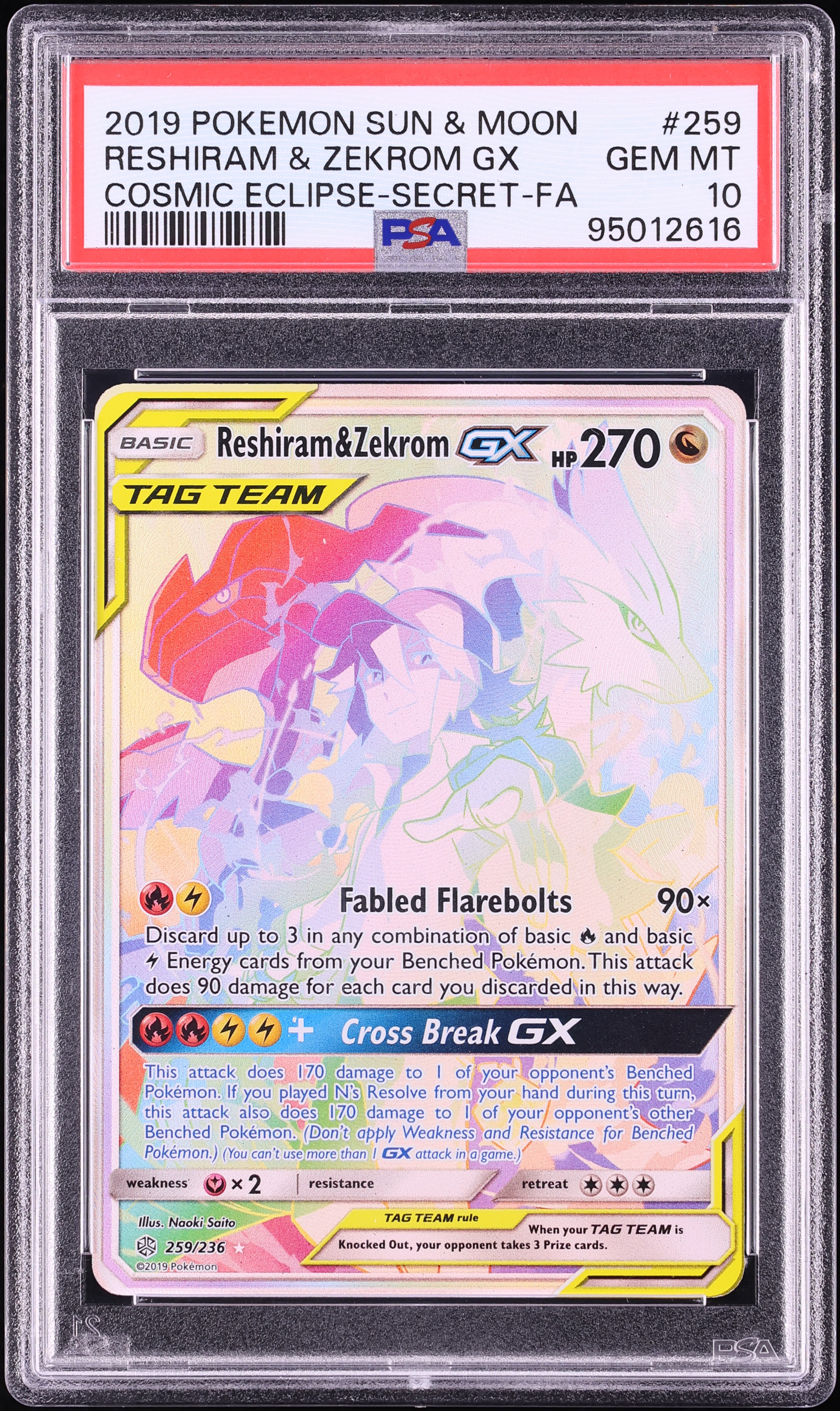 2019 Pokemon Sun & Moon Cosmic Eclipse Rainbow Rare Reshiram & Zekrom GX #259 PSA 10 GEM MINT