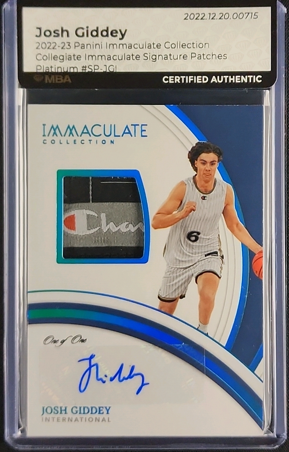 2022 Immaculate Collection Platinum Josh Giddey PATCH AUTO 1/1 #SP-JGI MBA AUTH