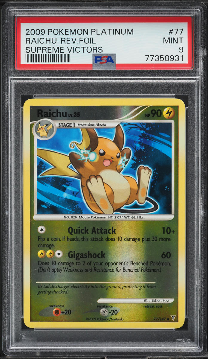 2009 Pokemon Platinum Supreme Victors Reverse Holo Raichu #77 PSA 9 MINT