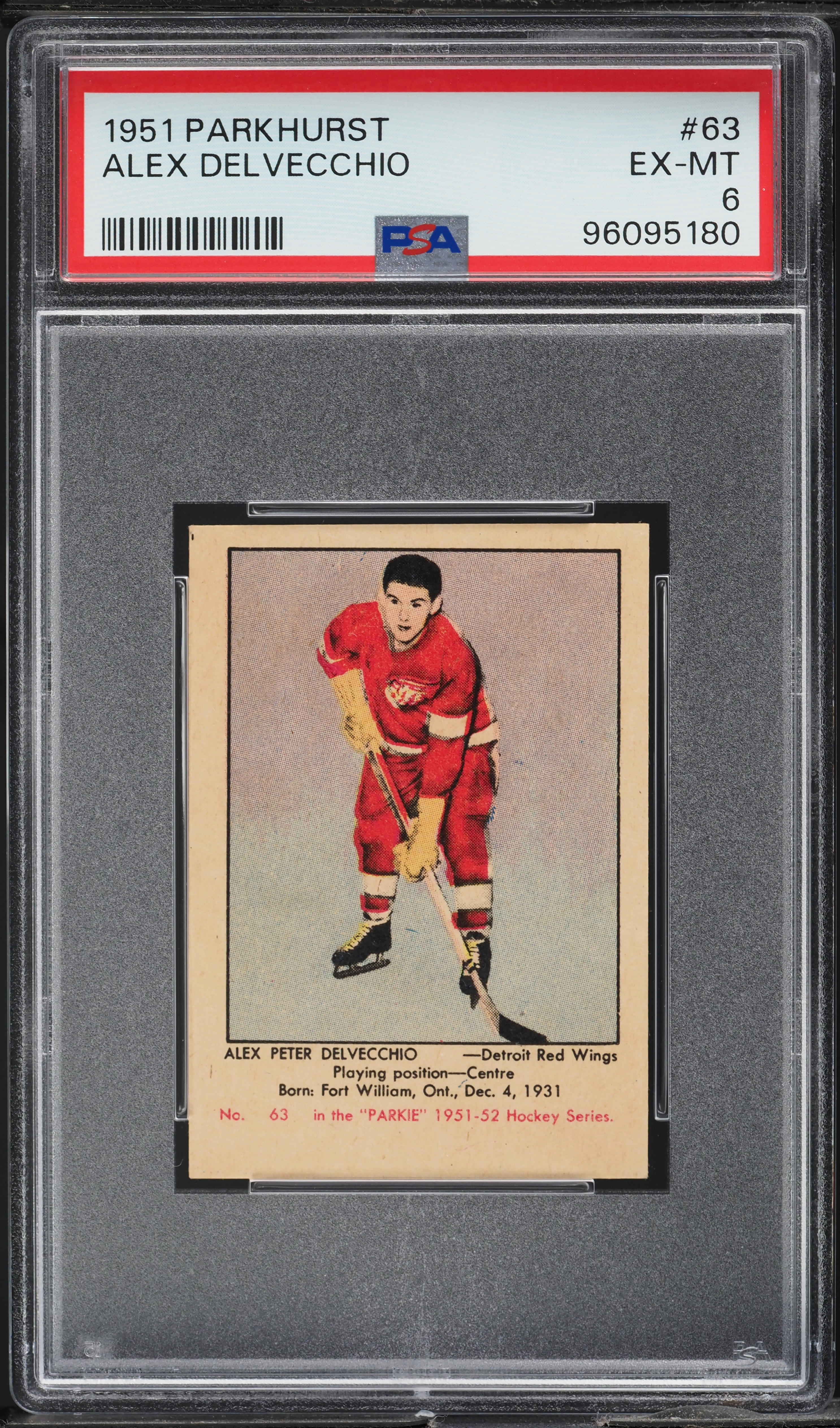 1951 Parkhurst Alex Delvecchio ROOKIE #63 PSA 6 EXMT