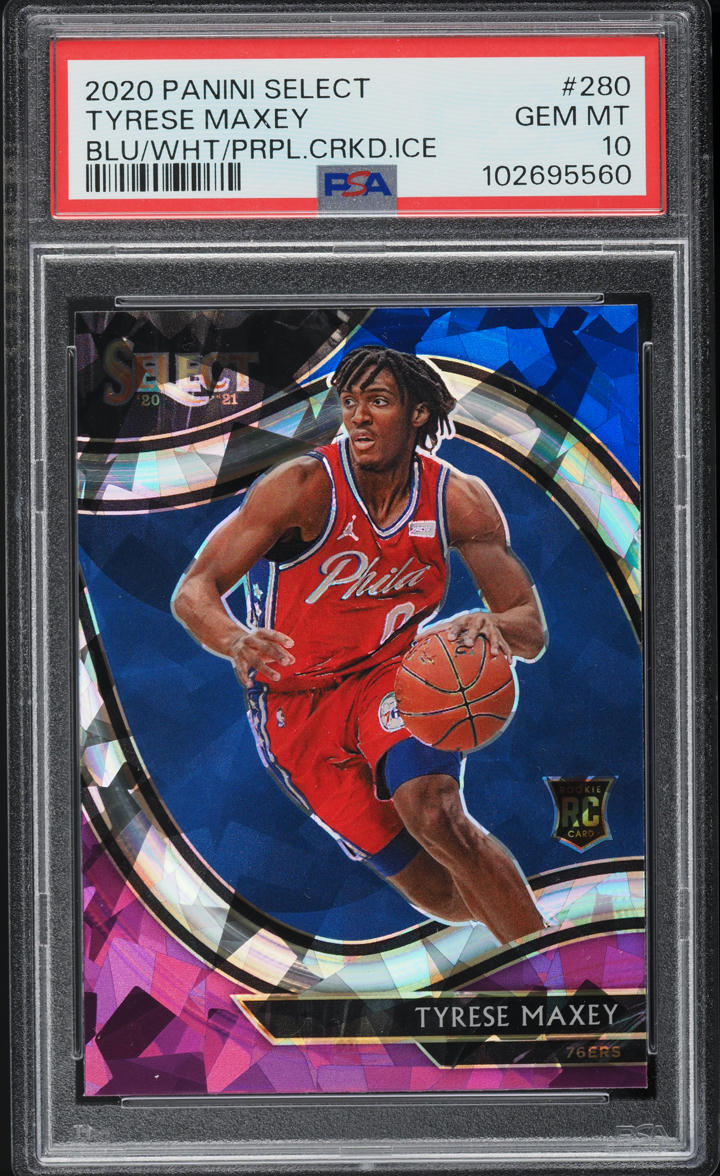 2020 Select Courtside Blue White Purple Cracked Ice Tyrese Maxey ROOKIE PSA 10