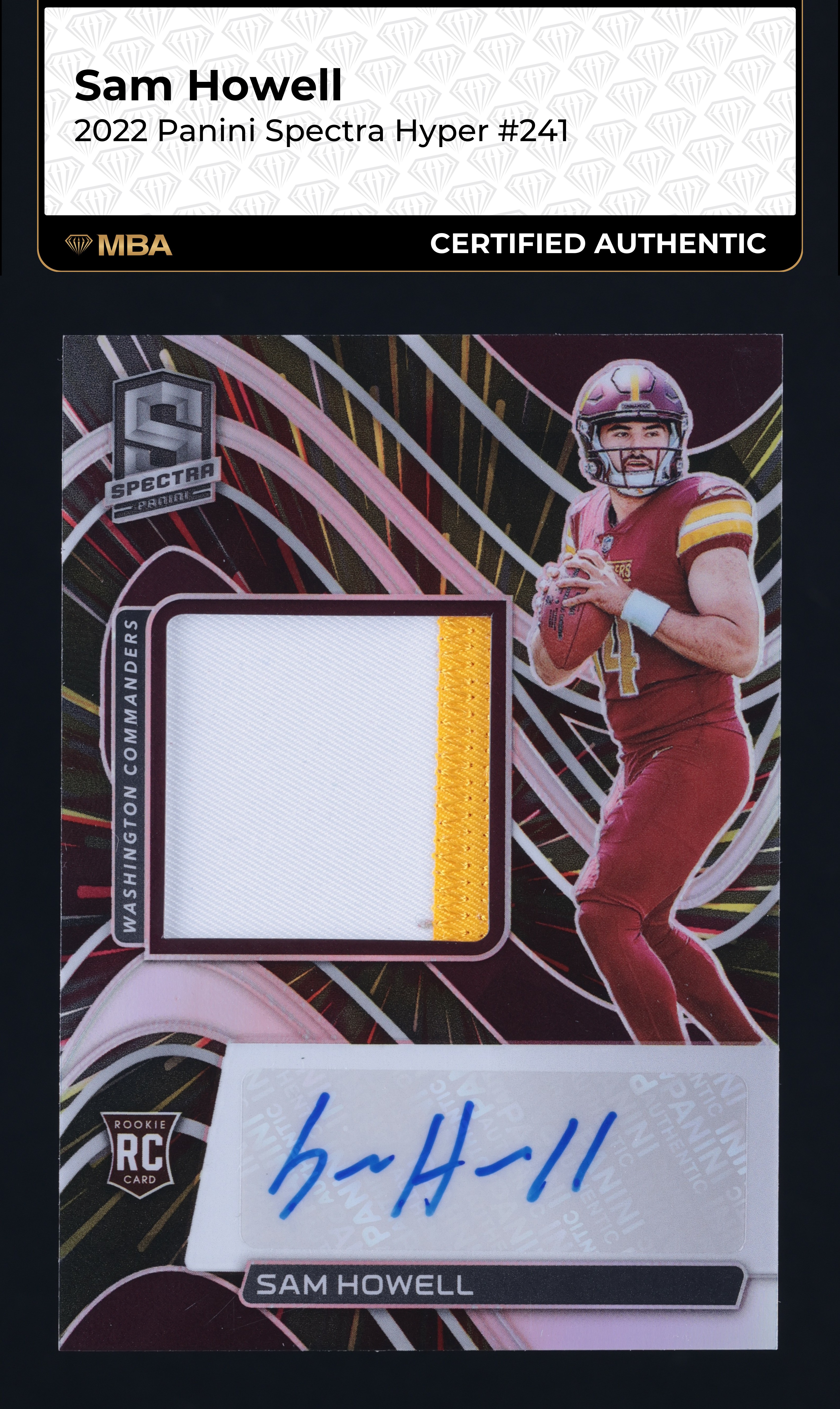 2022 Panini Spectra Hyper Sam Howell ROOKIE PATCH AUTO /75 #241 MBA AUTH