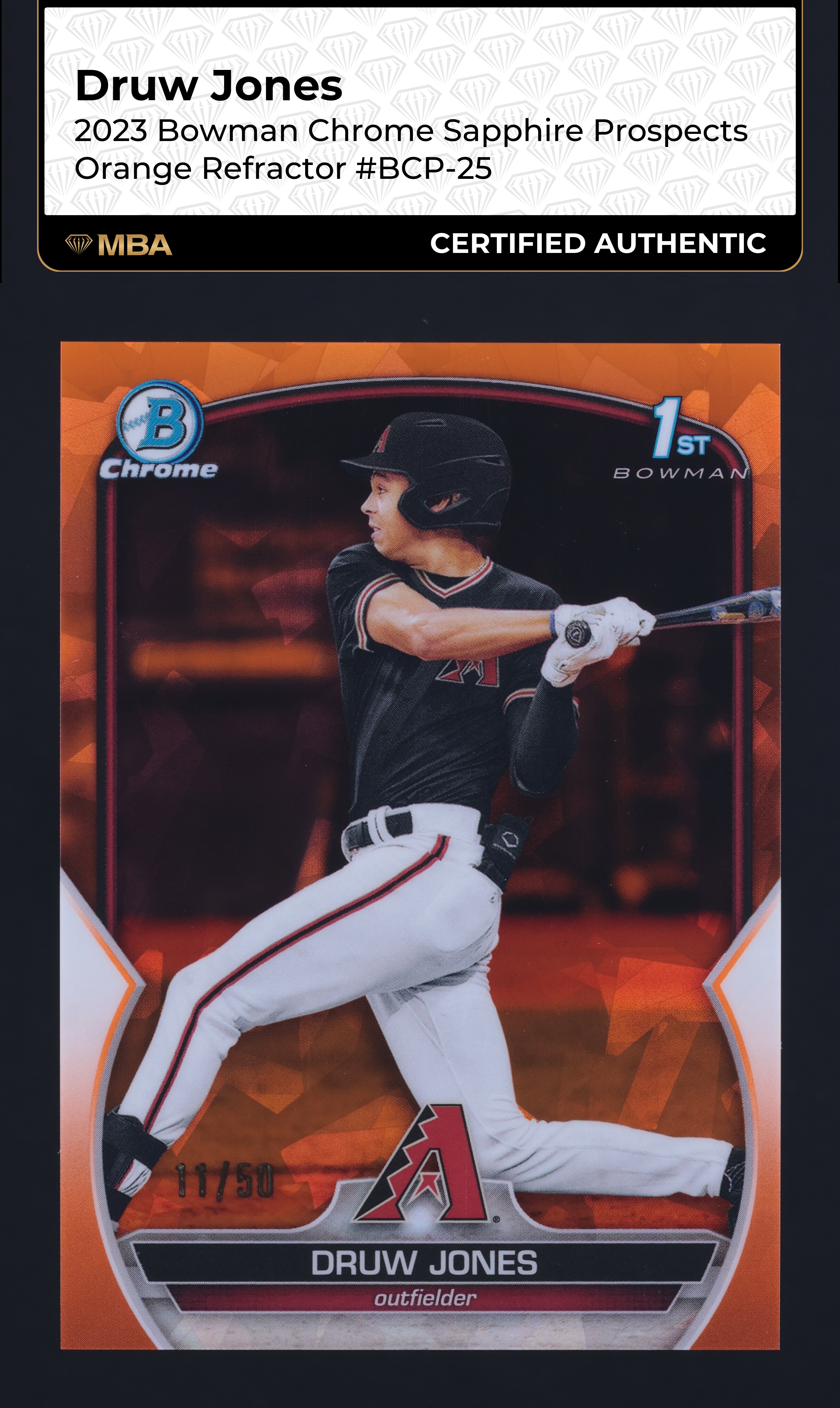 2023 Bowman Chrome Sapphire Orange Refractor Druw Jones RC /50 #BCP-25 MBA AUTH