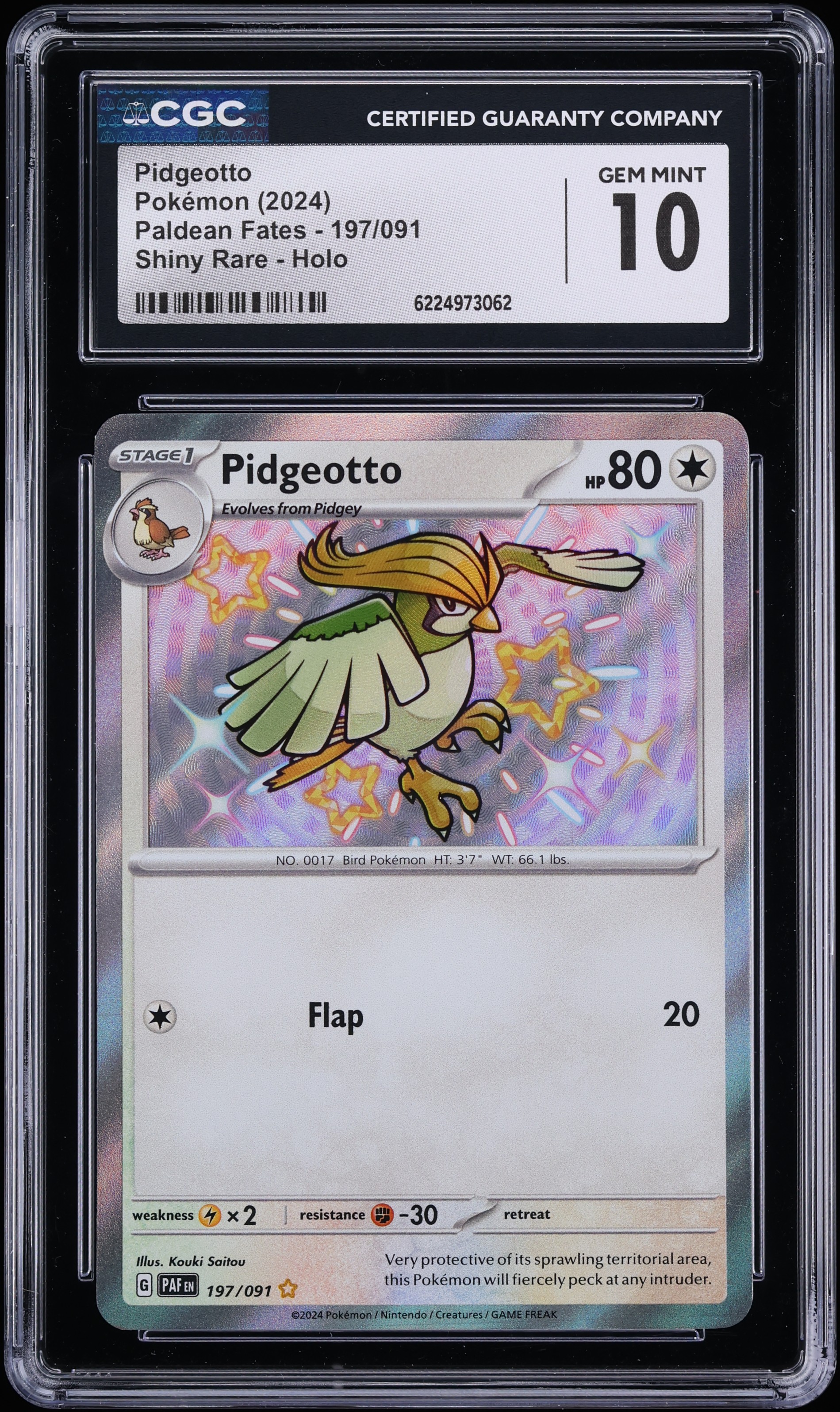 2024 Pokemon Scarlet & Violet Paldean Fates Shiny Rare Pidgeotto #197 CGC 10 GEM MINT