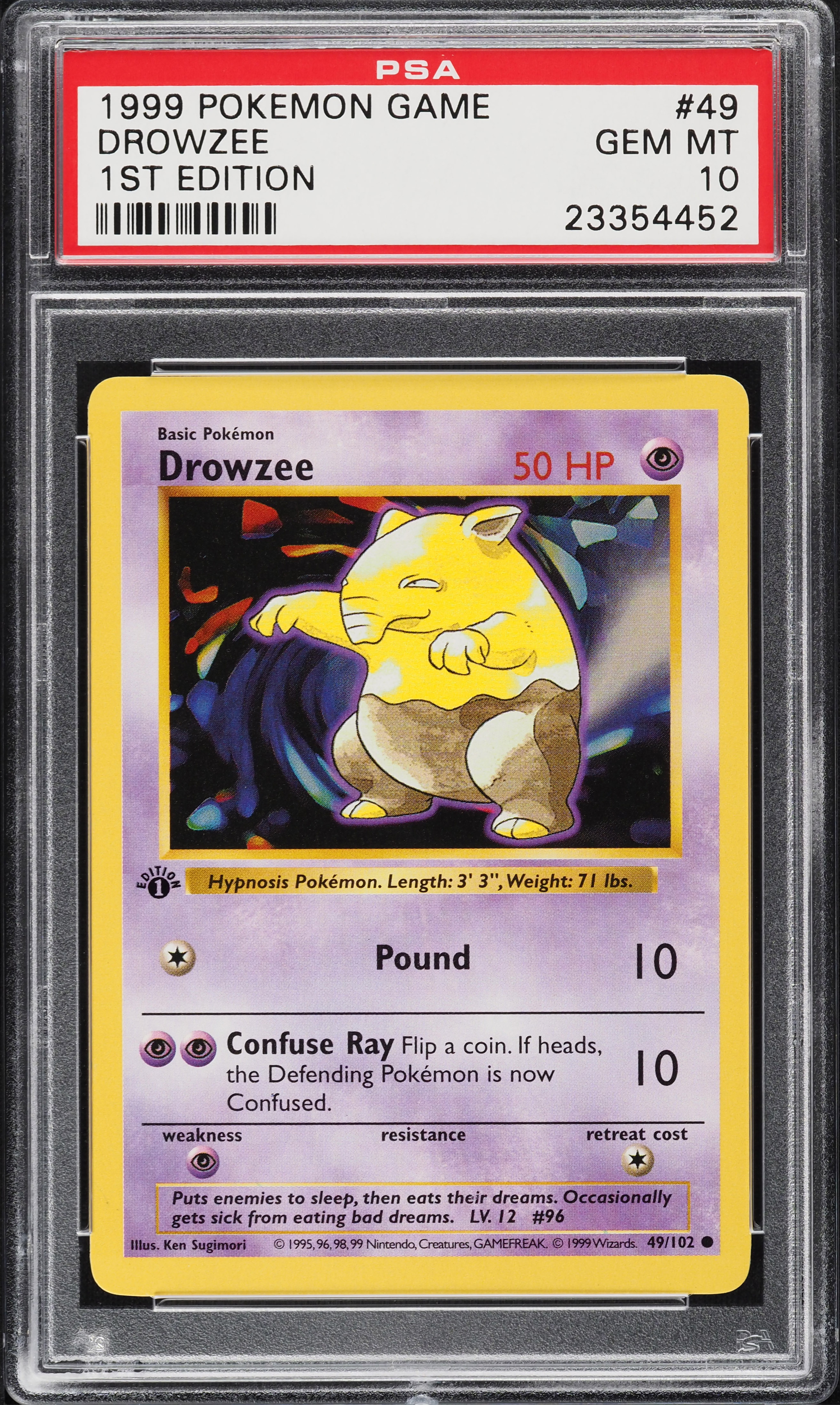 1999 Pokemon Base Set Shadowless 1st Edition Drowzee #49 PSA 10 GEM MINT