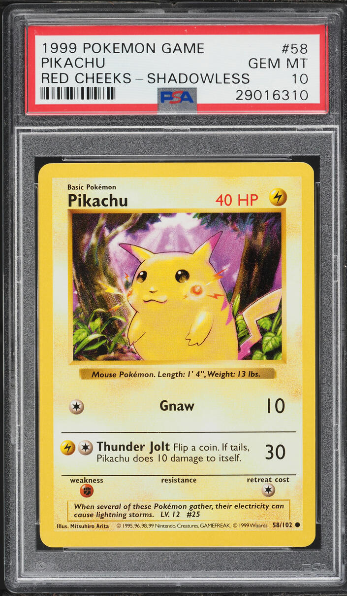 1999 Pokemon Base Set Shadowless Red Cheeks Pikachu #58 PSA 10 GEM MINT