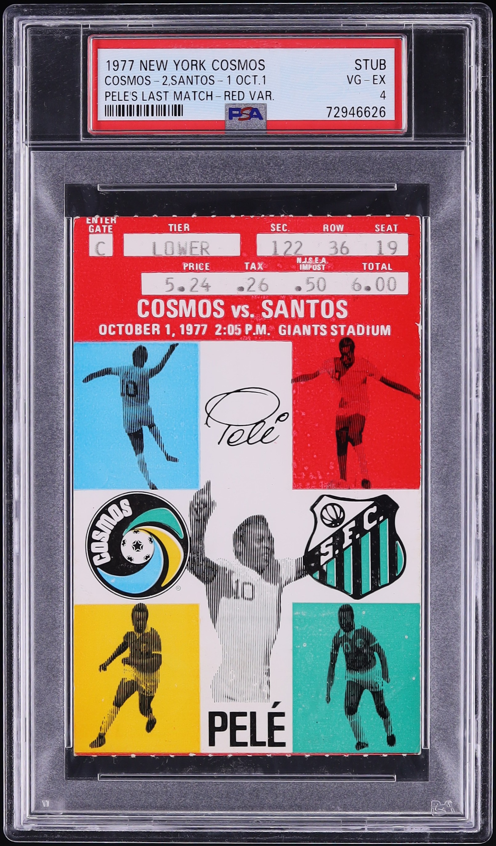 1977 New York Cosmos Ticket Stub Red Pele's Last Match PSA 4 VGEX
