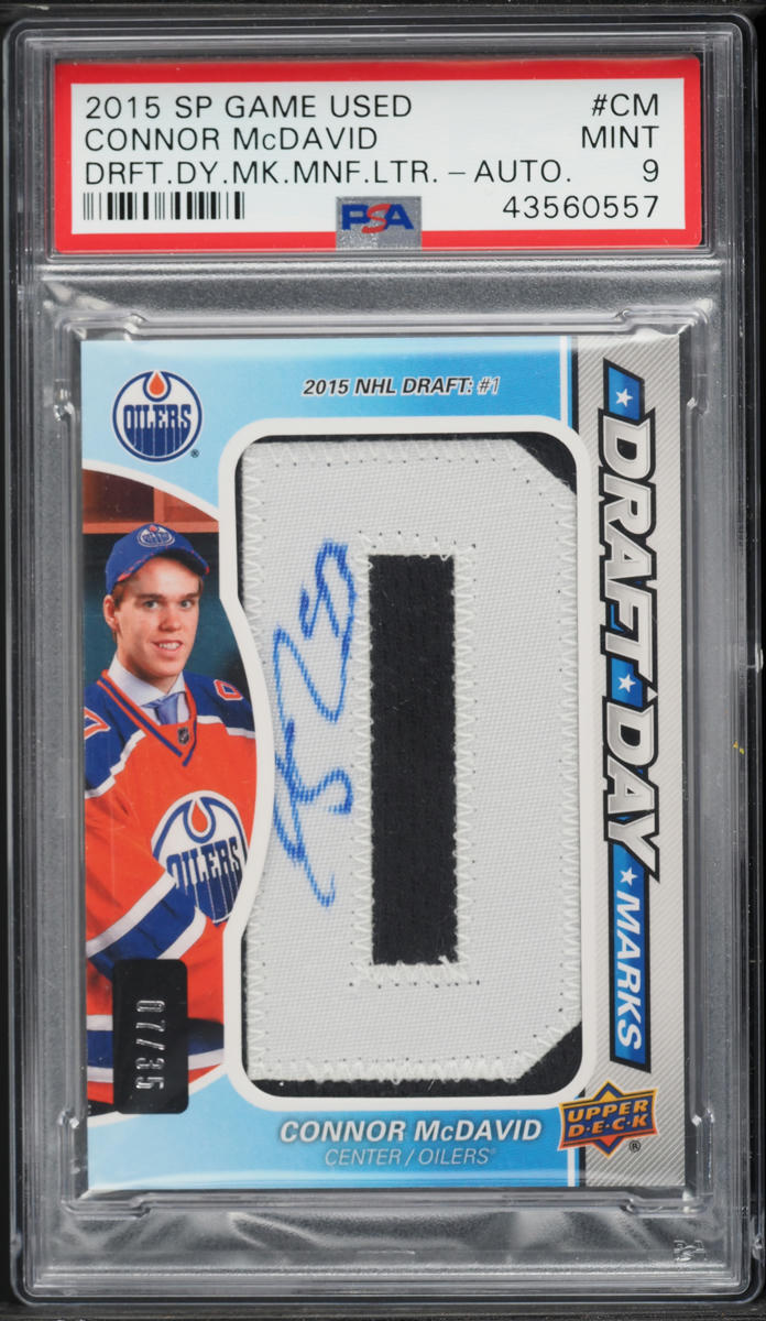 2015 SP Game Used Draft Day Marks Manufactured Letters Connor McDavid RC PATCH AUTO /35 PSA 9