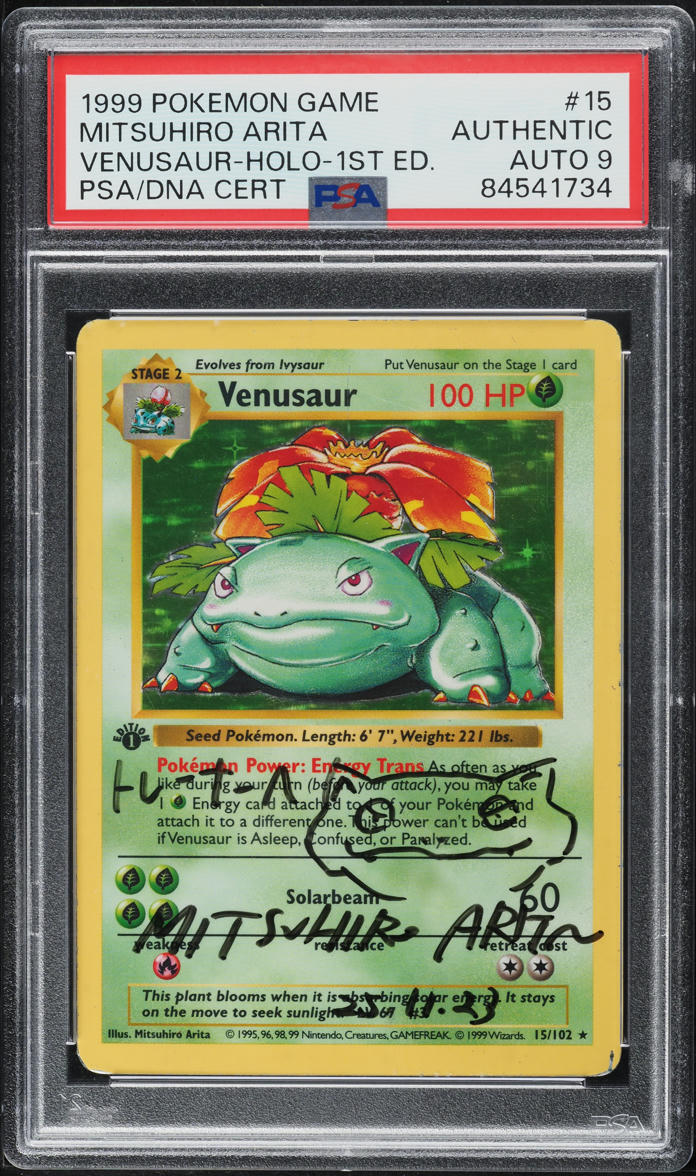 1999 Pokemon Base Set Shadowless 1st Ed Holo Venusaur AUTO DNA 9 #15 PSA AUTH