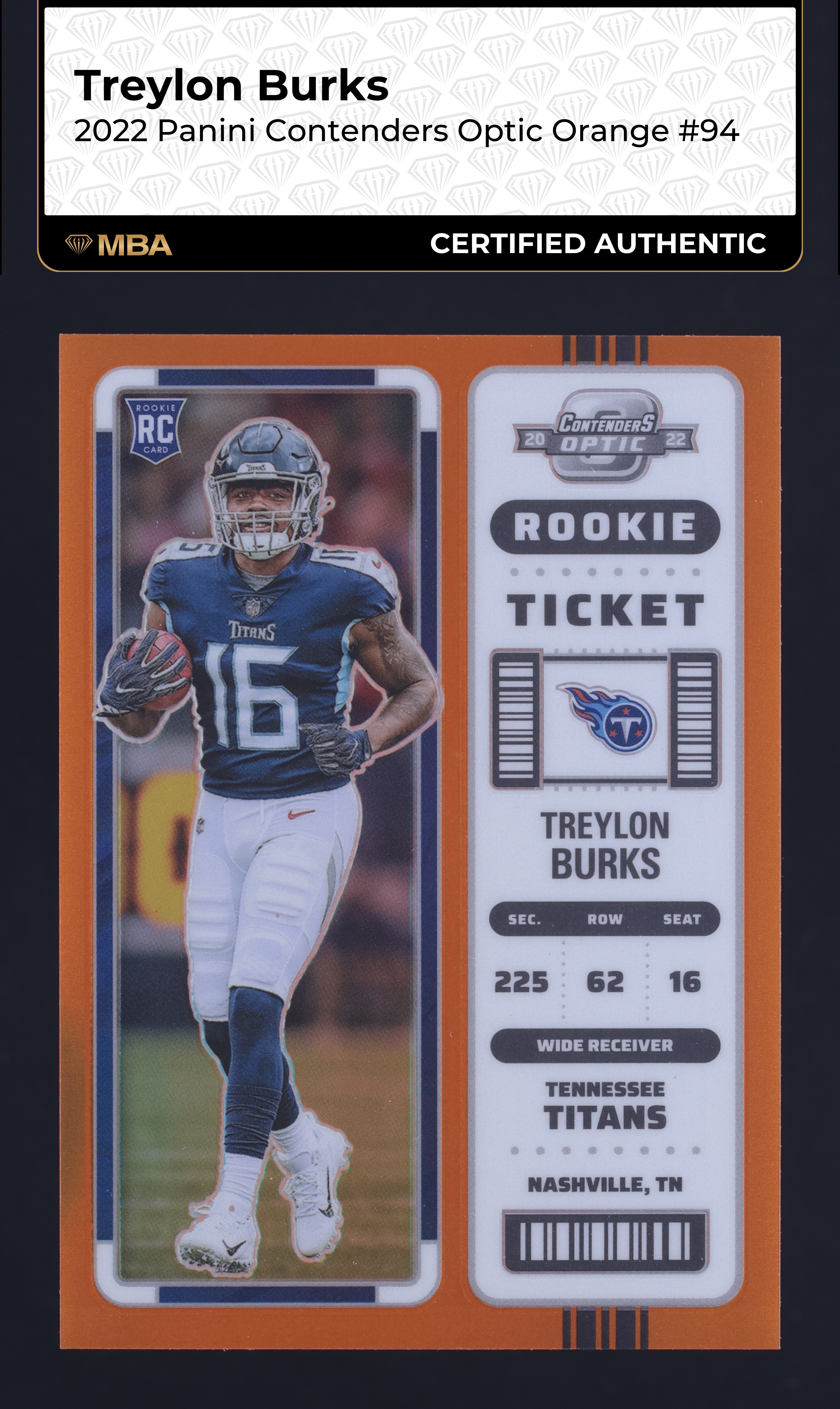 2022 Panini Contenders Optic Orange Treylon Burks ROOKIE 50/50 #94 MBA AUTH