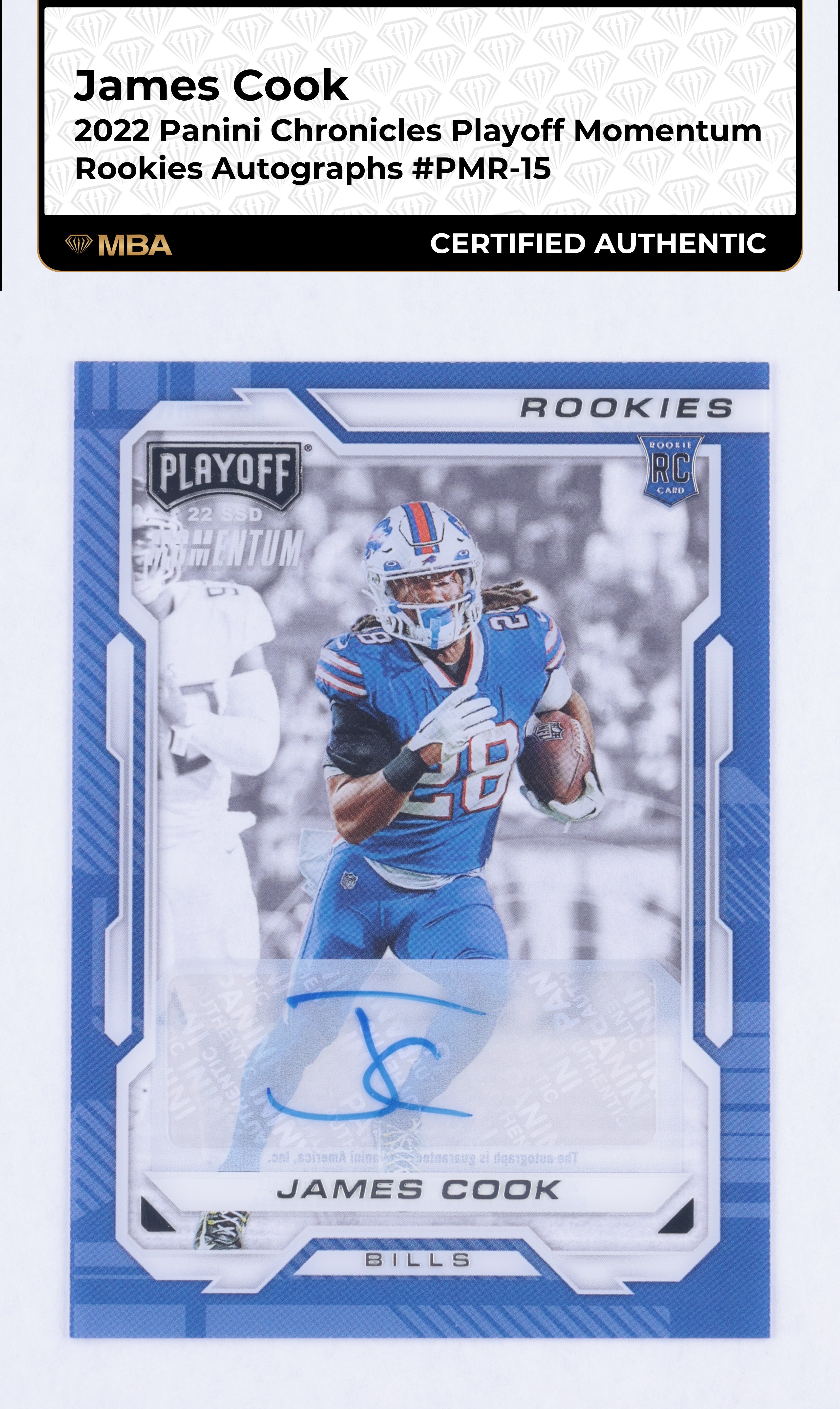 2022 Panini Chronicles Playoff Momentum James Cook ROOKIE AUTO #PMR-15 MBA AUTH