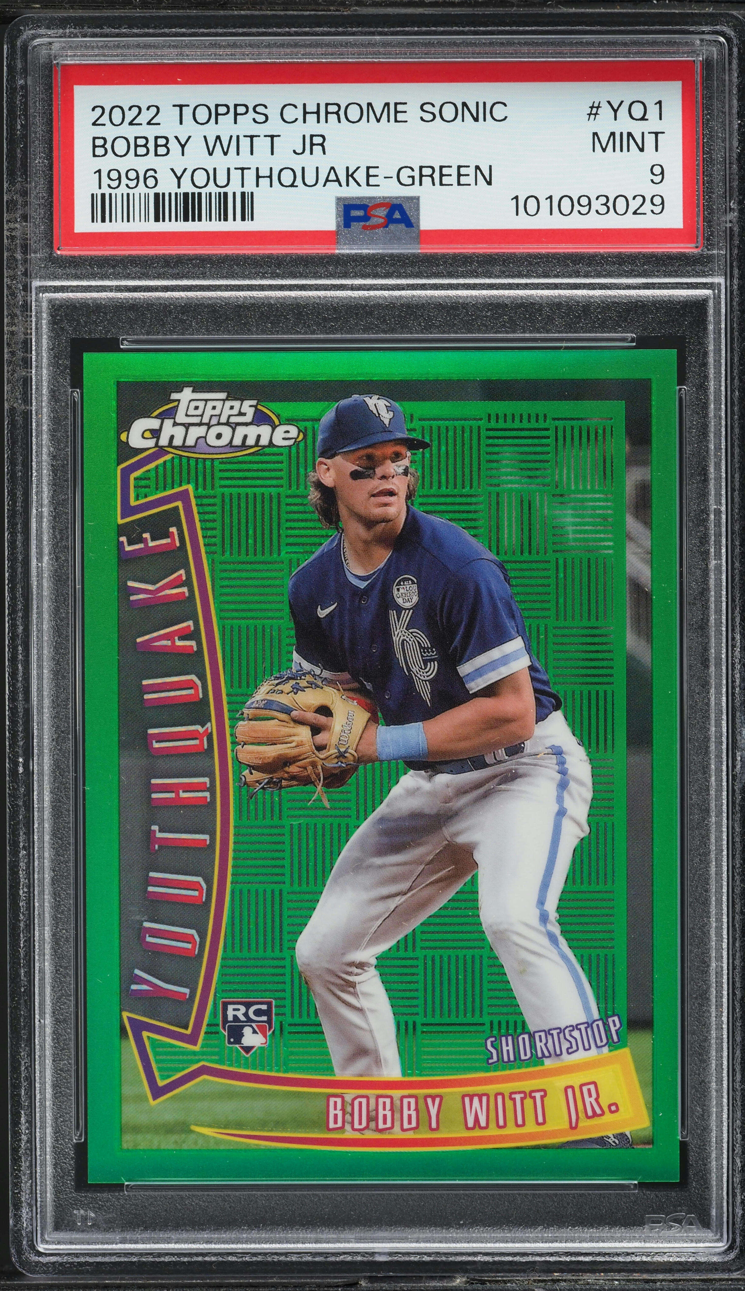 2022 Topps Chrome Sonic 1996 Youthquake Green Bobby Witt Jr RC /99 #YQ1 PSA 9