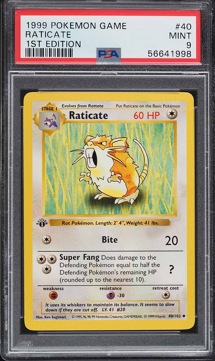 1999 Pokemon Base Set Shadowless 1st Edition Raticate #40 PSA 9 MINT