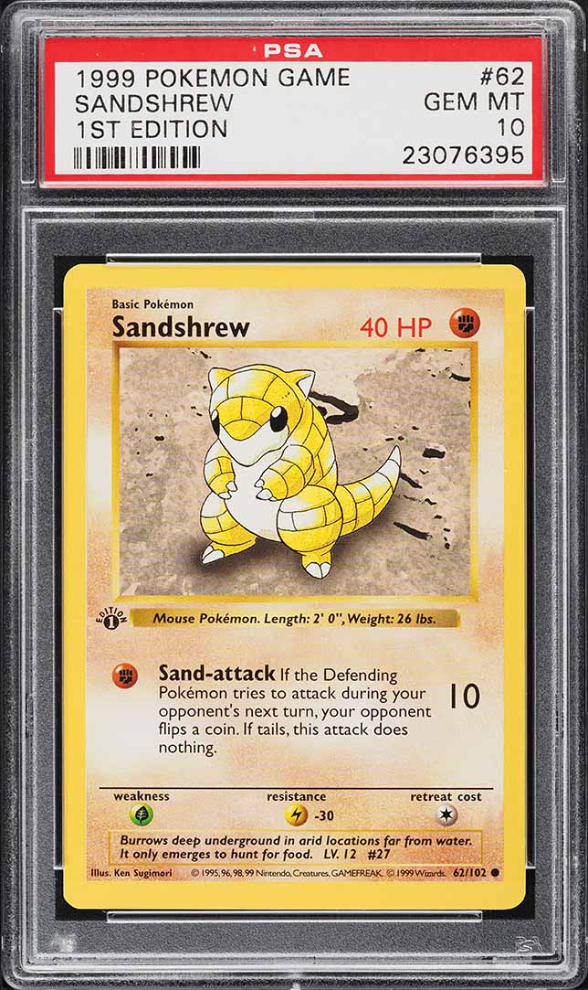 1999 Pokemon Base Set Shadowless 1st Edition Sandshrew #62 PSA 10 GEM MINT