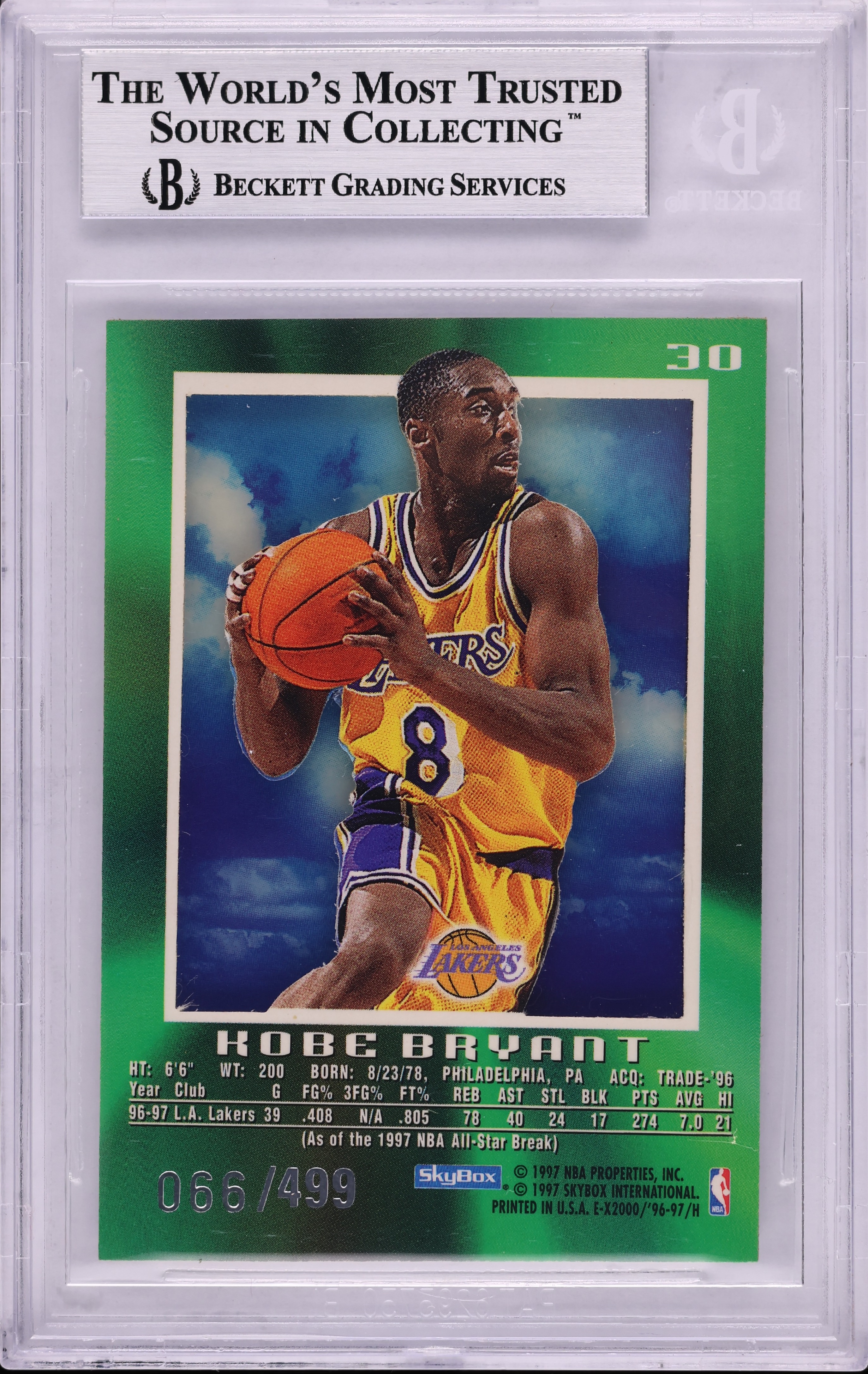 1996 Skybox E-X2000 Credentials Kobe Bryant ROOKIE /499 #30 BGS