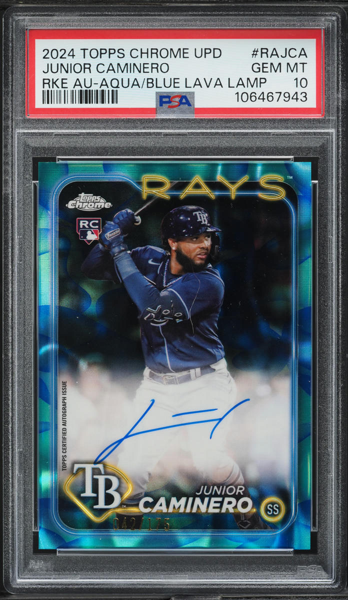 2024 Topps Chrome Update Aqua Blue Lava Lamp Junior Caminero RC AUTO /175 PSA 10