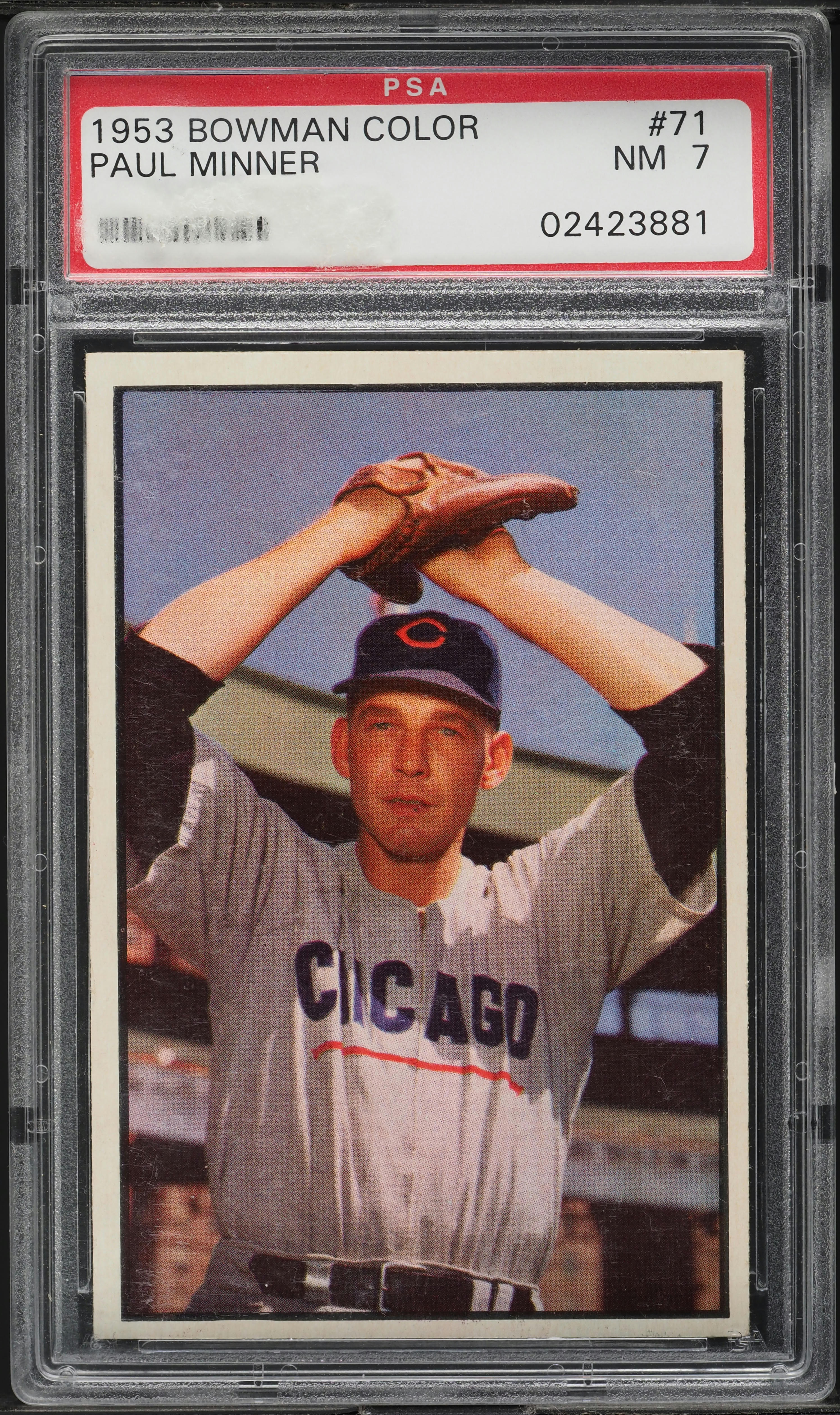 1953 Bowman Color SETBREAK Paul Minner #71 PSA 7 NRMT